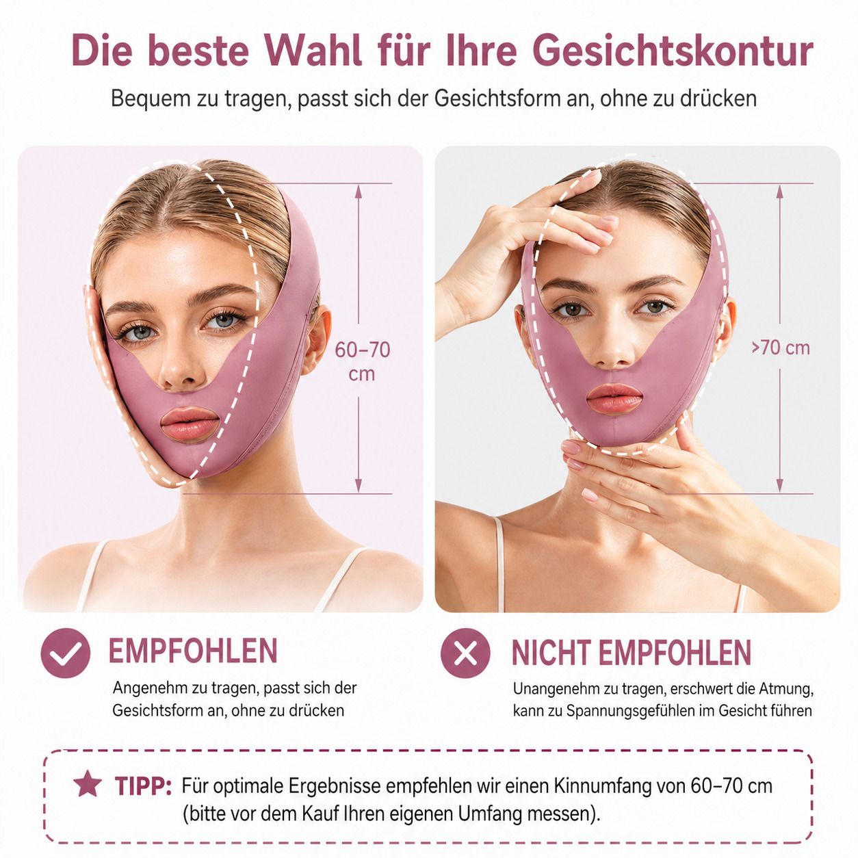 Vergleich: Gesichtsband am Gesicht. Links: Empfohlen, Kinnumfang 60-70 cm. Rechts: Nicht empfohlen, Kinnumfang >70 cm.