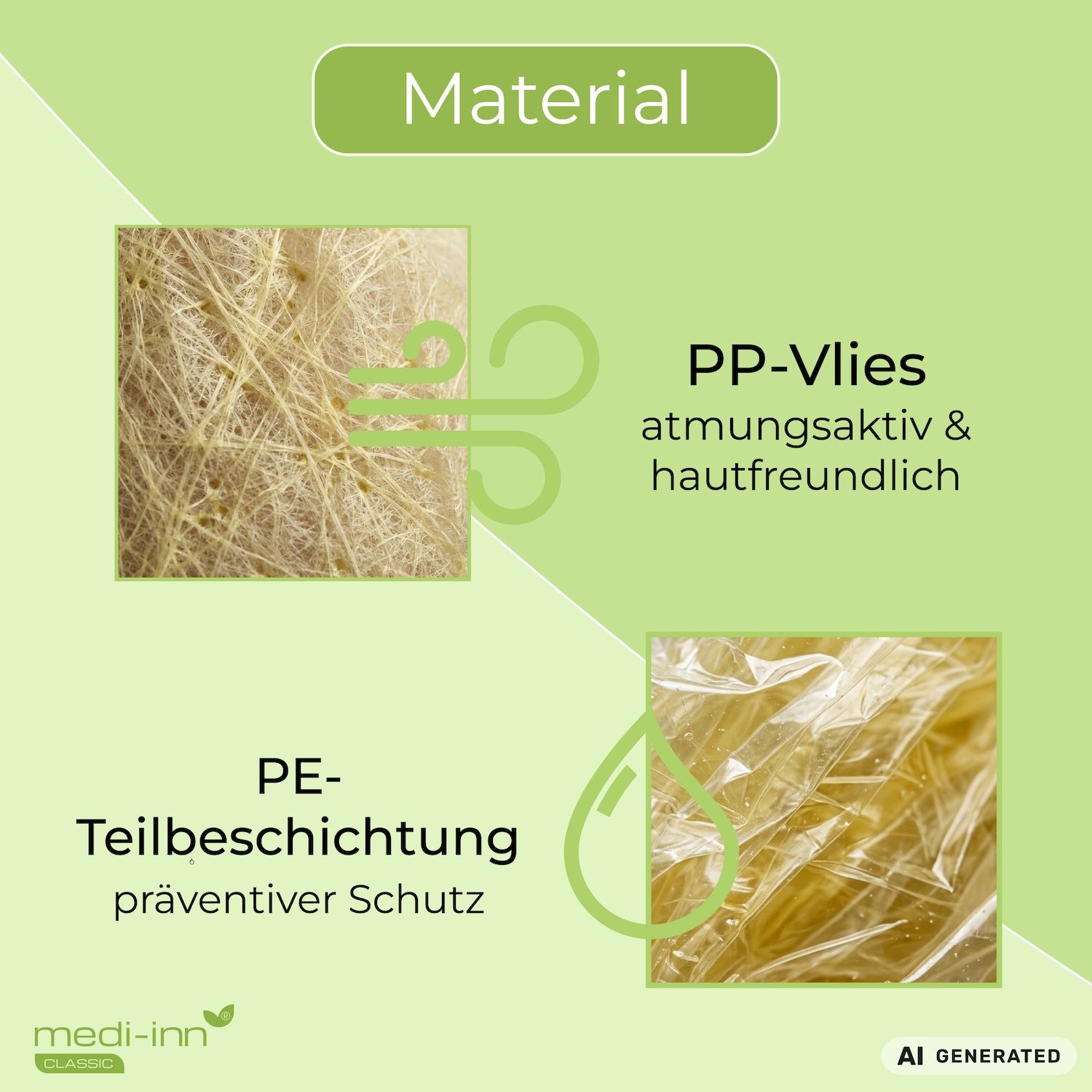 Materialien des Schutzkittels: PP-Vlies (atmungsaktiv) und PE-Teilbeschichtung (Schutz).