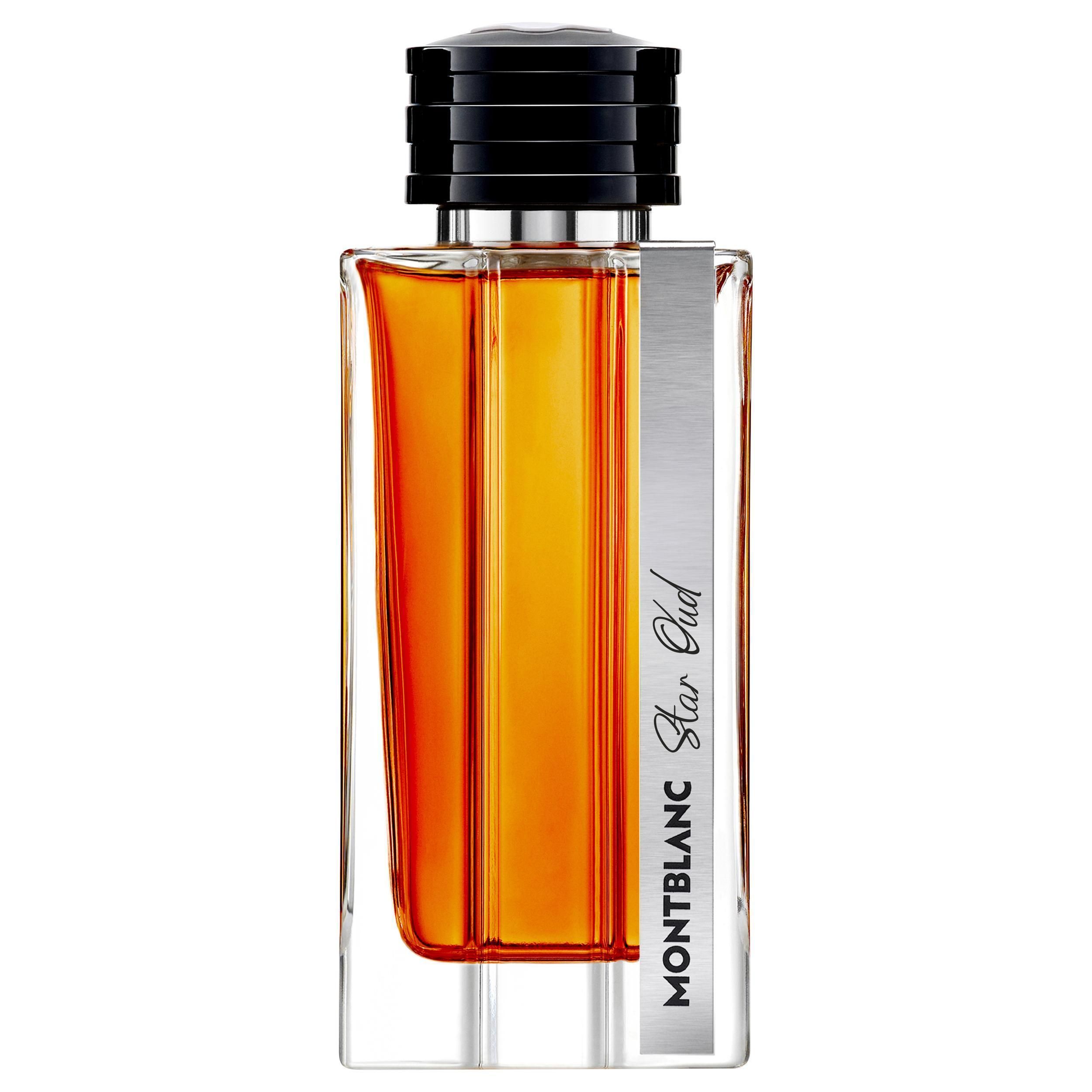 Rechteckige Parfümflasche mit schwarzem Verschluss. Auf der Seite ein Etikett mit Montblanc Star Oud. Der Flakon enthält eine bernsteinfarbene Flüssigkeit.