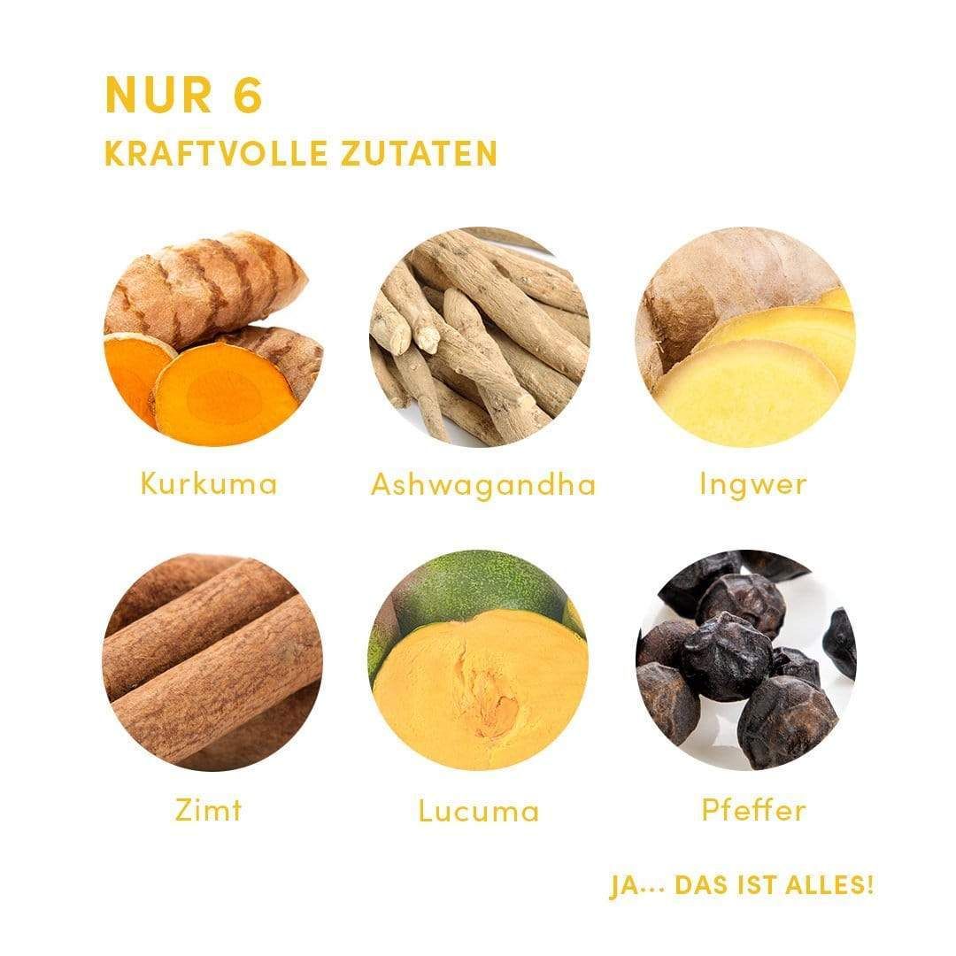 Kreisförmige Abbildungen von 6 Zutaten: Kurkuma, Ashwagandha, Ingwer, Zimt, Lucuma, Pfeffer.