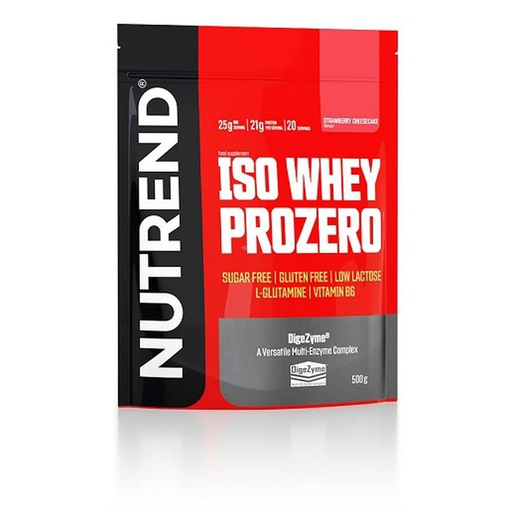 Beutel mit rotem und schwarzem Design. Aufschrift: NUTREND, ISO WHEY PROZERO. Text: Sugar Free, Gluten Free, Low Lactose, L-Glutamine, Vitamin B6. Erdbeer-Käsekuchen.