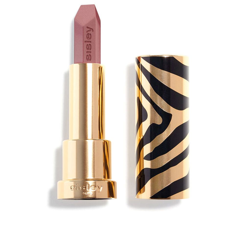 Goldfarbener Lippenstift mit geöffneter Hülse. Der Lippenstift ist rosa. Die Hülse hat ein Zebra-Muster.
