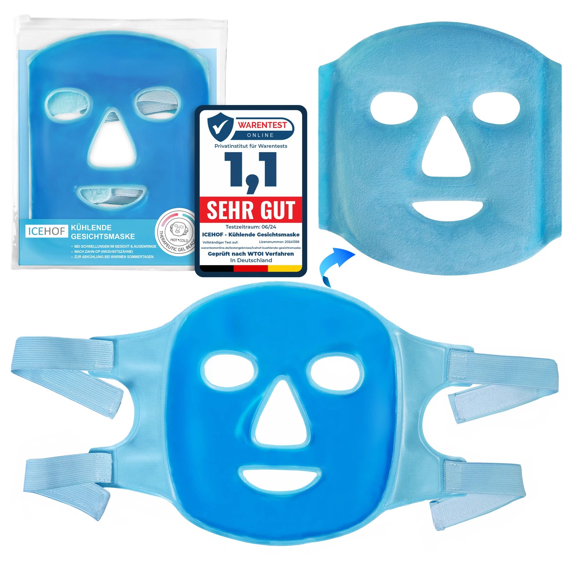 Blaue Kühlmaske mit Klettverschluss und Gel-Füllung, inklusive Aufbewahrungsbeutel.