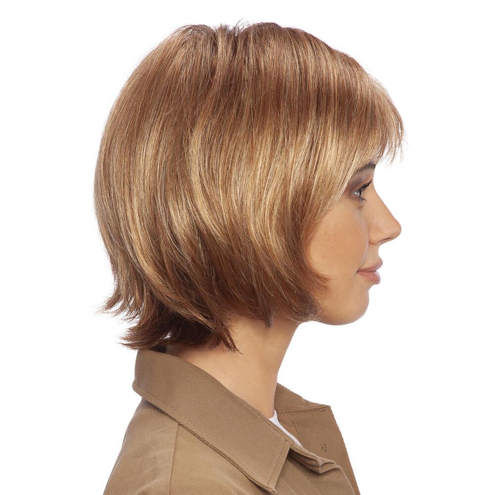 Perücke Maren von trendhair. Kurze, blonde Kunsthaarperücke. Seitenansicht.