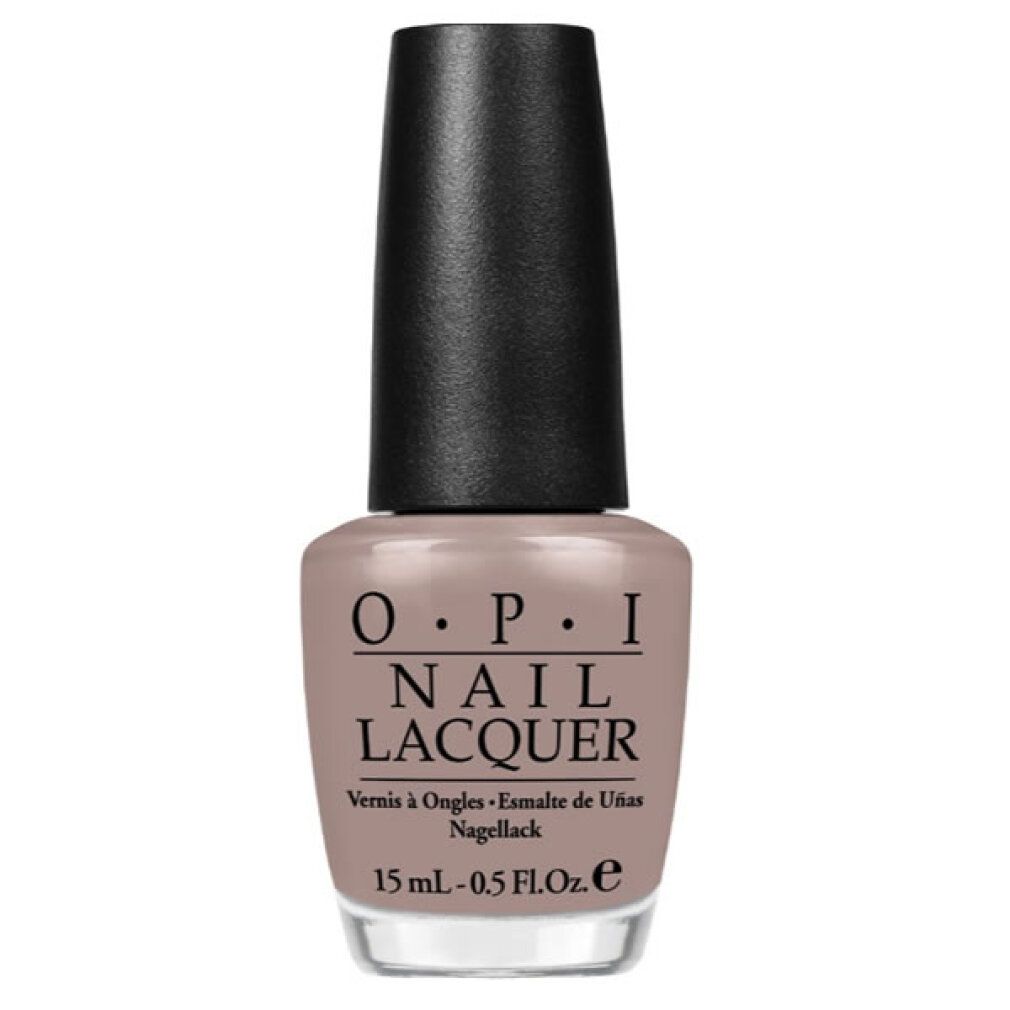 Nagellack-Flasche, Marke O.P.I. mit schwarzem Deckel. Farbton: Beige. Aufschrift: Nail Lacquer, 15 ml.