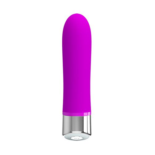 Lila Vibrator mit abgerundeter Spitze und silberfarbenem Sockel. Auf weißem Hintergrund.