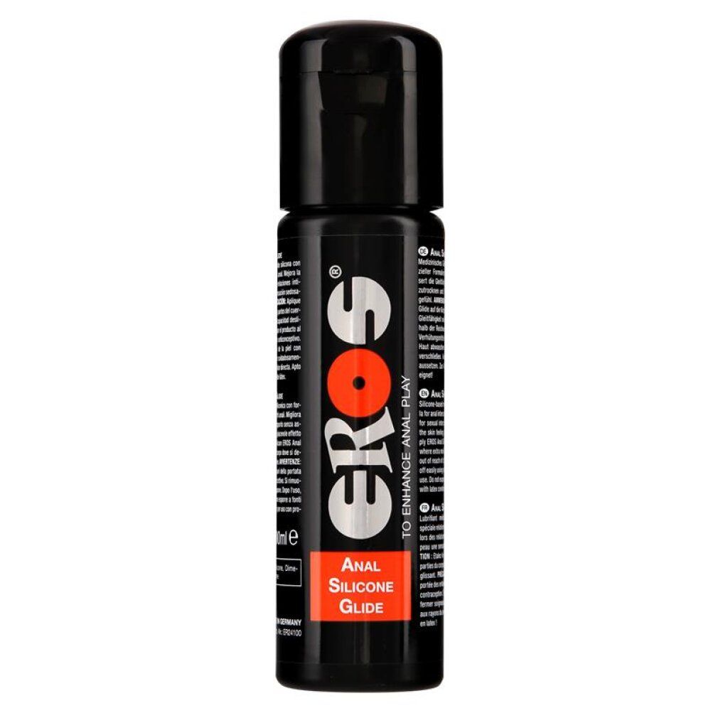 Schwarze Flasche mit EROS Anal Silicone Glide Aufschrift.