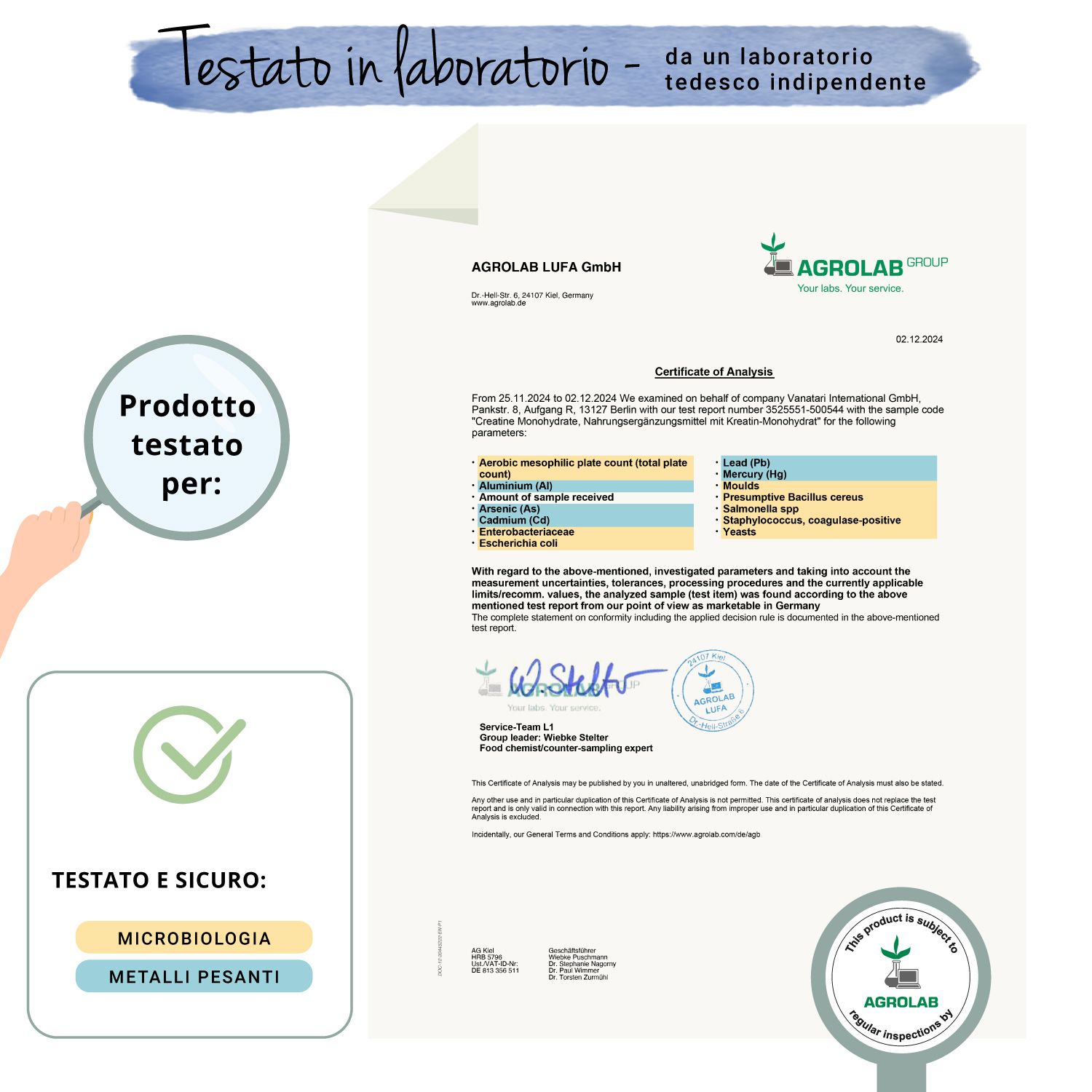 Rapporto di laboratorio di AGROLAB LUFA GmbH. Analisi di VEGAVERO Creatina Monoidrato. Risultati, sigillo di controllo.