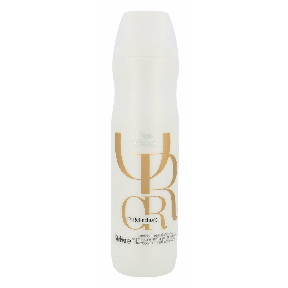 Weißes Shampoo mit goldfarbenem Schriftzug. Logo von Wella. Flasche mit abgerundeter Form und weißem Deckel.