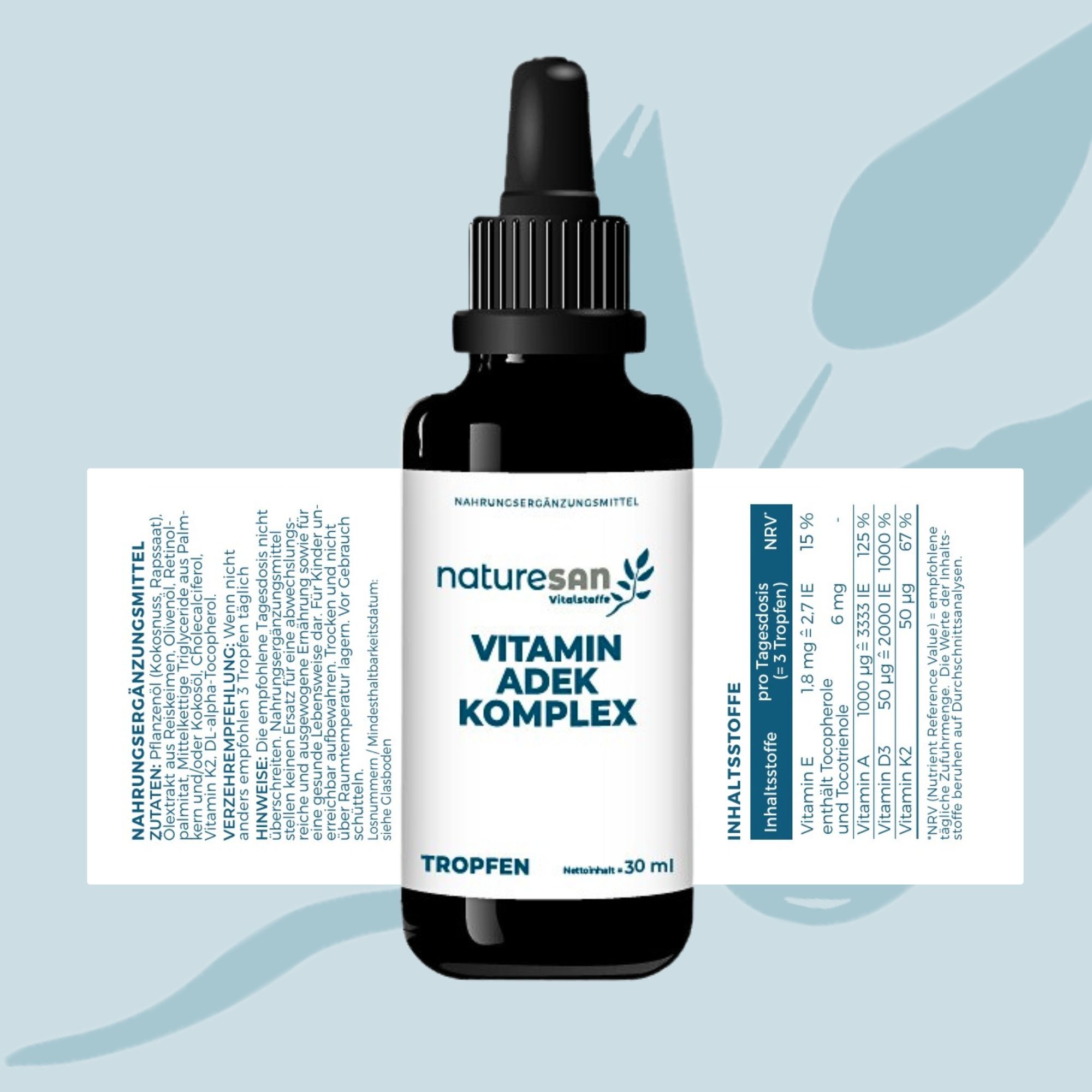 Braune Flasche mit Etikett. Enthält Informationen über Inhaltsstoffe und Nährwerte.