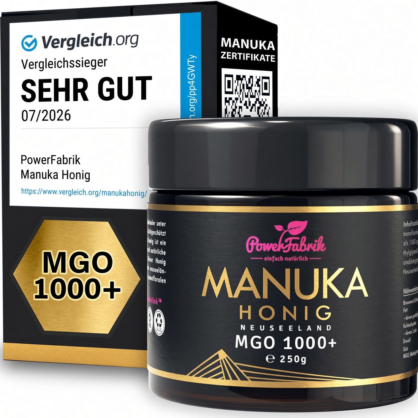 PowerFabrik Manuka Honig MGO 1000+ 250g Glas neben einer "Sehr Gut" Bewertungsbox.