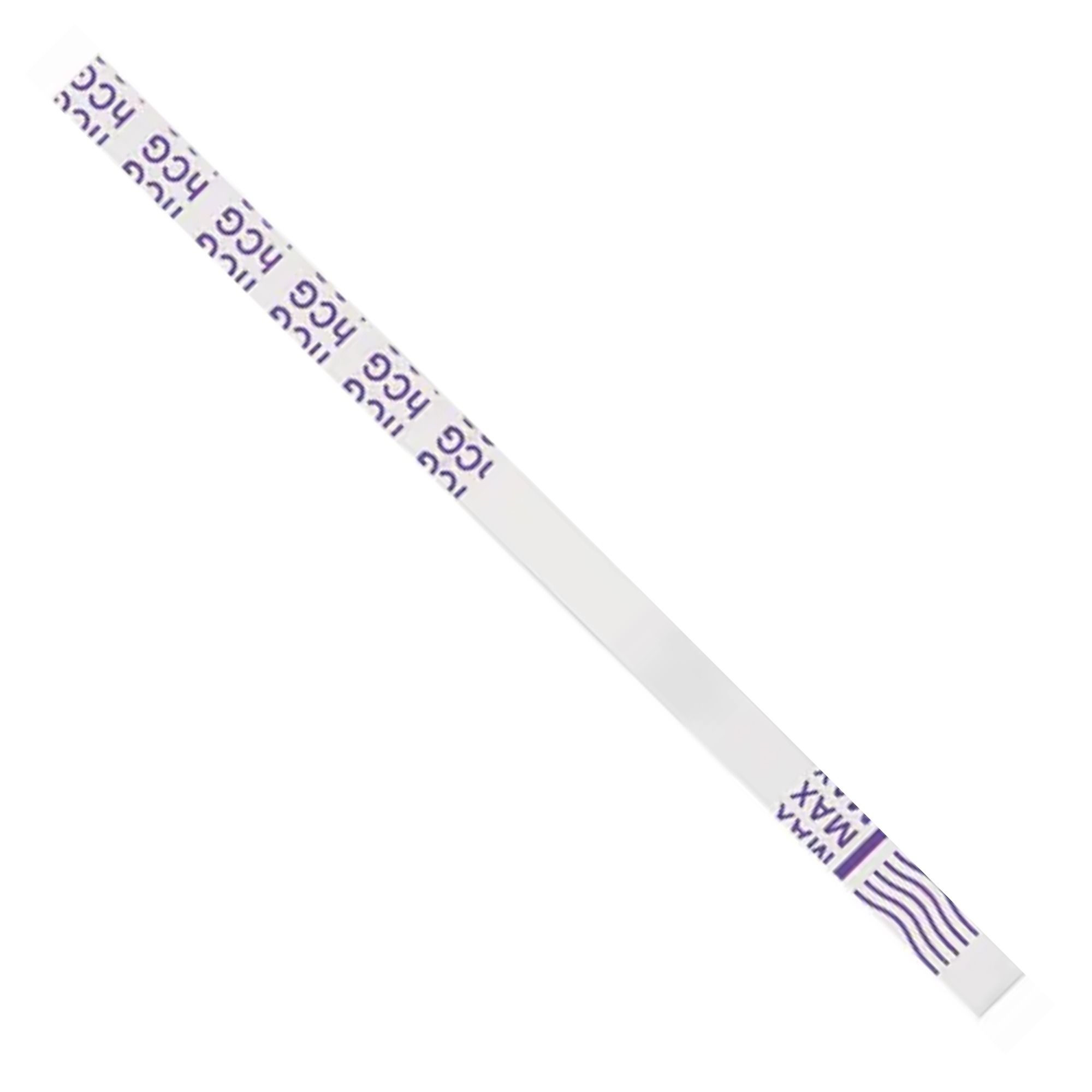 HCG-Teststreifen. Weiß mit lila Markierungen. Beschriftung: HCG, IVIAA MAX.