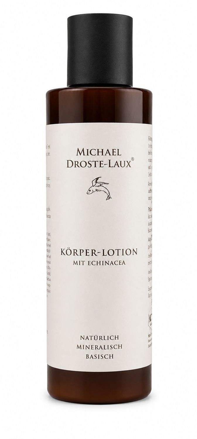 Weiße Flasche und Karton. Michael Droste-Laux Body-Lotion mit Echinacea.