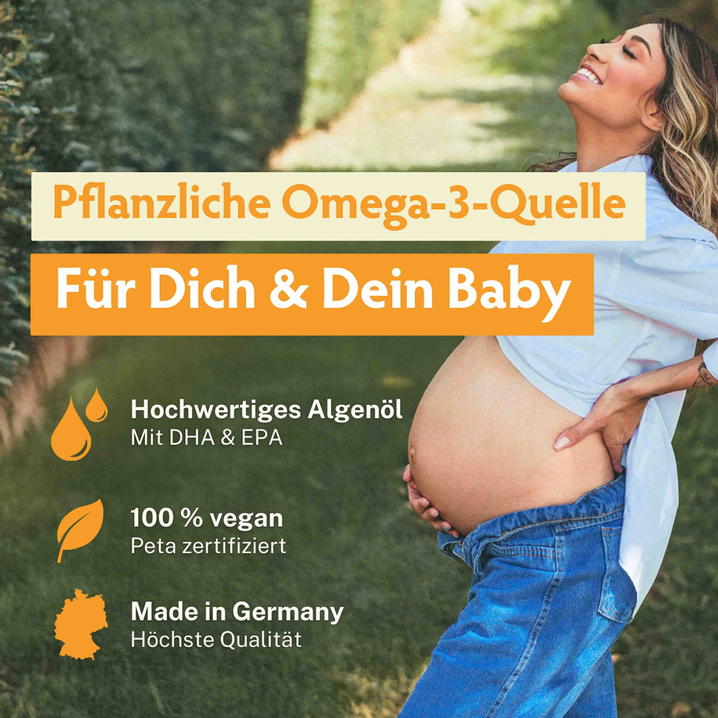 Schwangere Frau im Freien. Text: Pflanzliche Omega-3-Quelle. Für Dich & Dein Baby. Hochwertiges Algenöl. 100% vegan. Peta zertifiziert. Made in Germany.