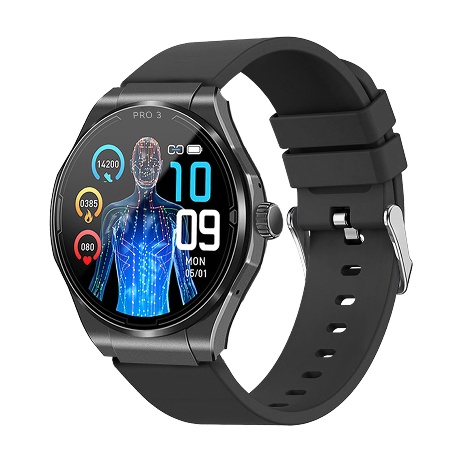 Schwarze Smartwatch mit rundem Zifferblatt. Zeigt Gesundheitsdaten und Uhrzeit an. Schwarzes Armband mit silberner Schnalle.