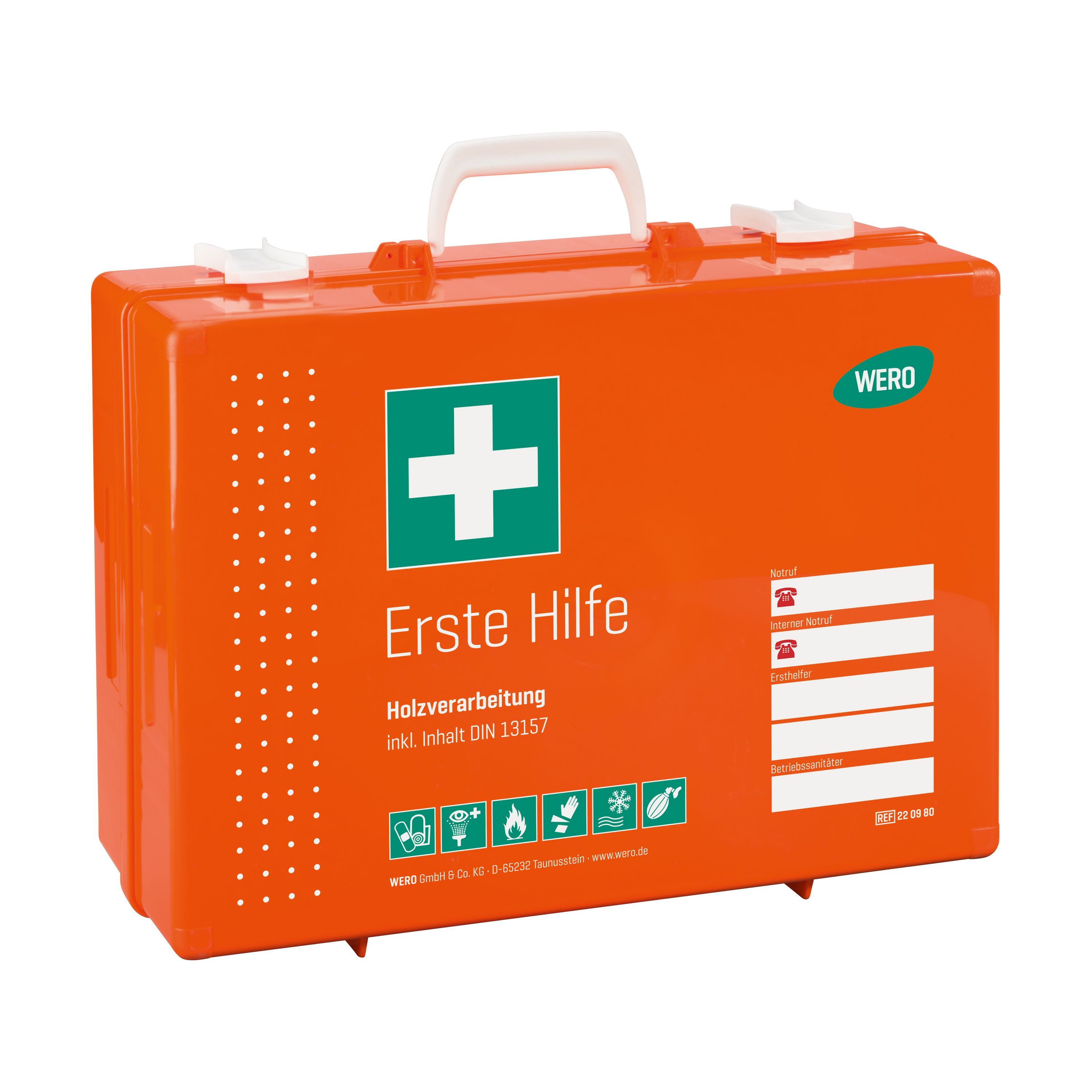 Geschlossener Erste-Hilfe-Koffer, orangefarben mit weißem Griff und Verschluss. Grünes Kreuz-Symbol und Text 'Erste Hilfe'. Marke WERO.