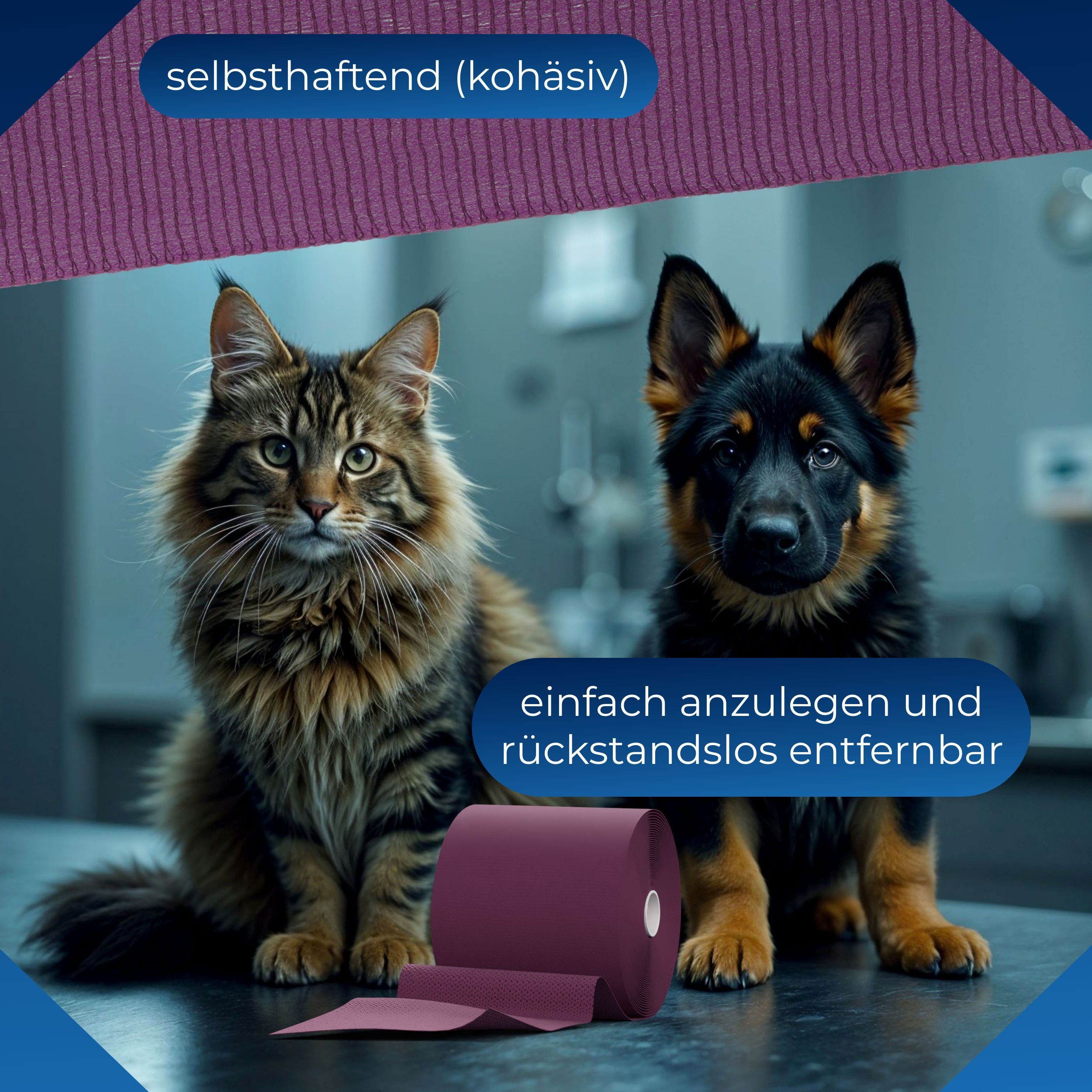 Katze und Hund neben gerollter, violetter Fixierbinde. Text: selbsthaftend (kohäsiv), einfach anzulegen und rückstandslos entfernbar.