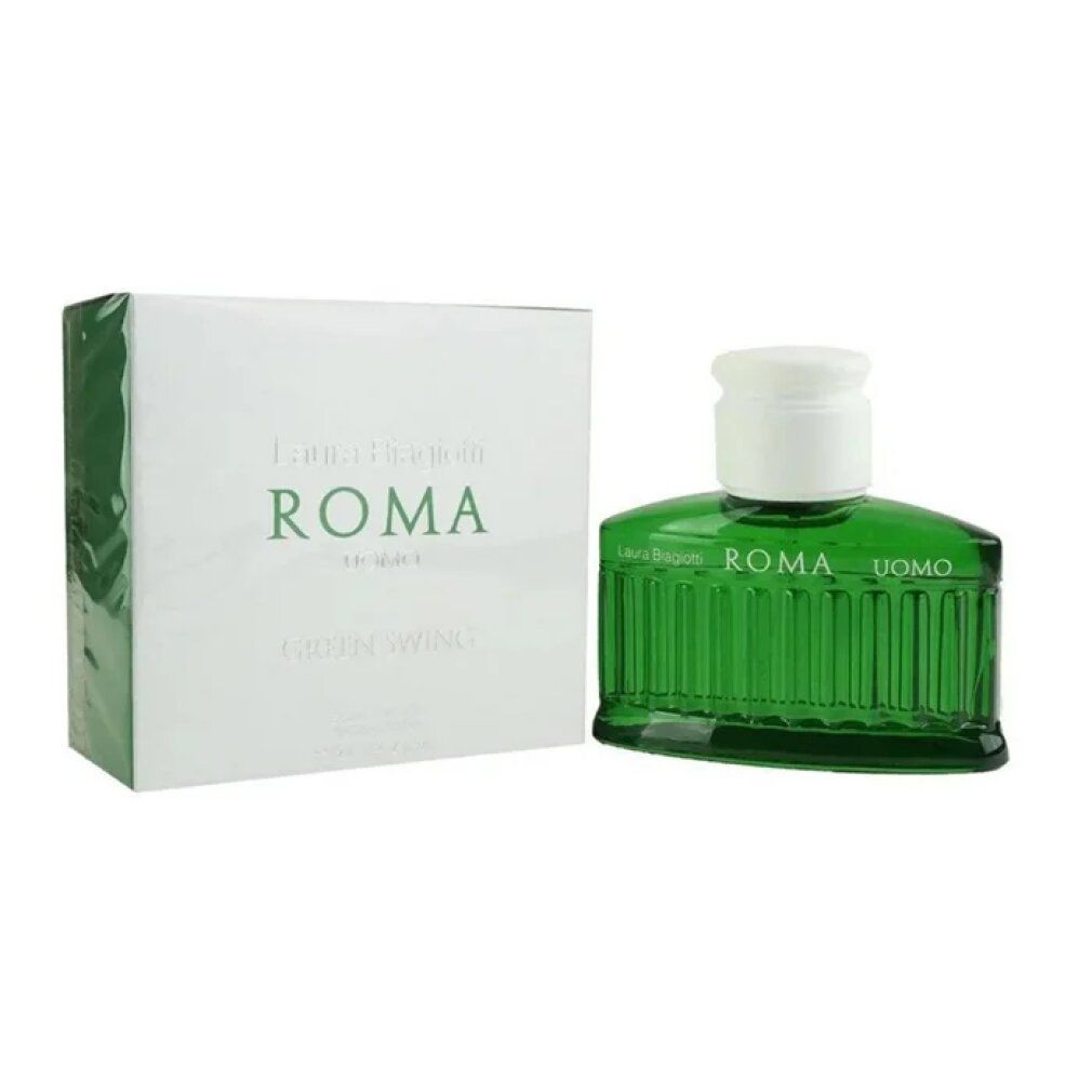 Laura Biagiotti Green Swing Eau de Toilette Flakon neben seiner Verpackung.