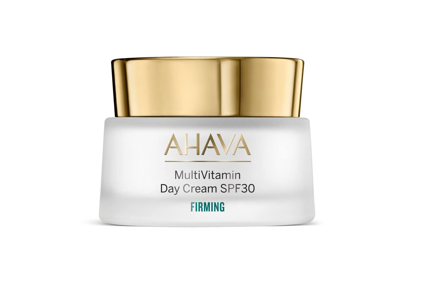 AHAVA Multivitamin Tagescreme SPF30 mit straffender Wirkung in einem weißen Glasbehälter mit goldenem Deckel.