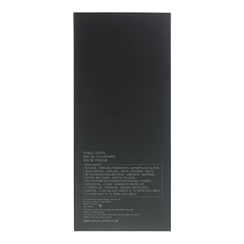 Schwarze Verpackung mit Text. Aufschrift: Serge Lutens, Nuit de Cellophane, Eau de Parfum. Zutatenliste.