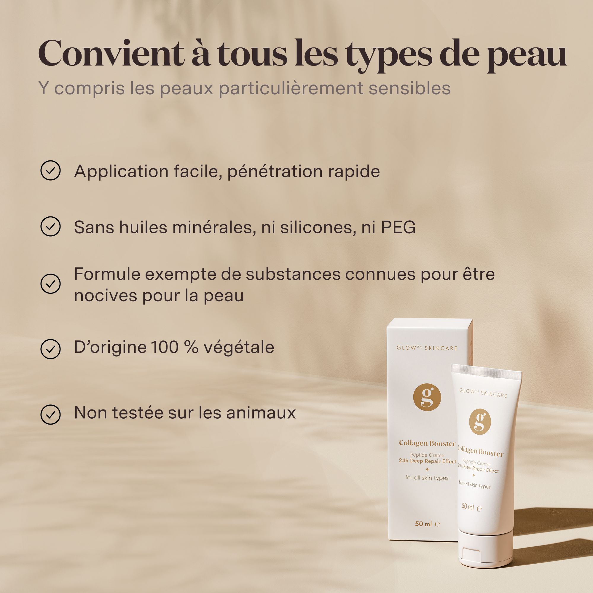 L'image montre un tube et une boîte blancs "Glow Skincare Collagen Booster". Le tube contient 50 ml de crème. Sur l'emballage, on lit "Firming Peptide Face Cream" et "for all skin types".