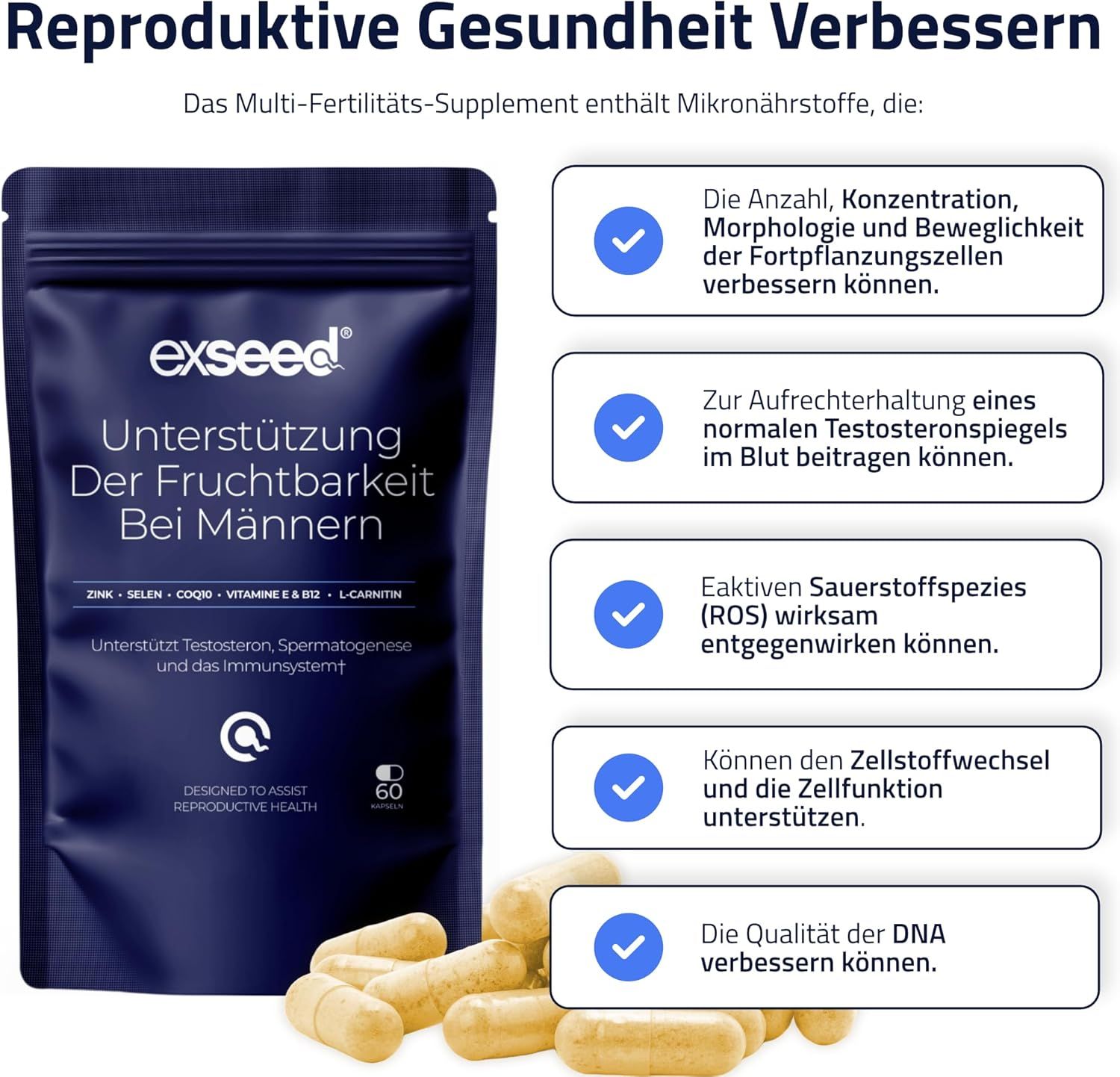 Dunkelblaue Beutel mit Kapseln. Text: ExSeed, Unterstützung der Fruchtbarkeit bei Männern. Enthält Zink, Selen, CoQ10, Vitamine und L-Carnitin.
