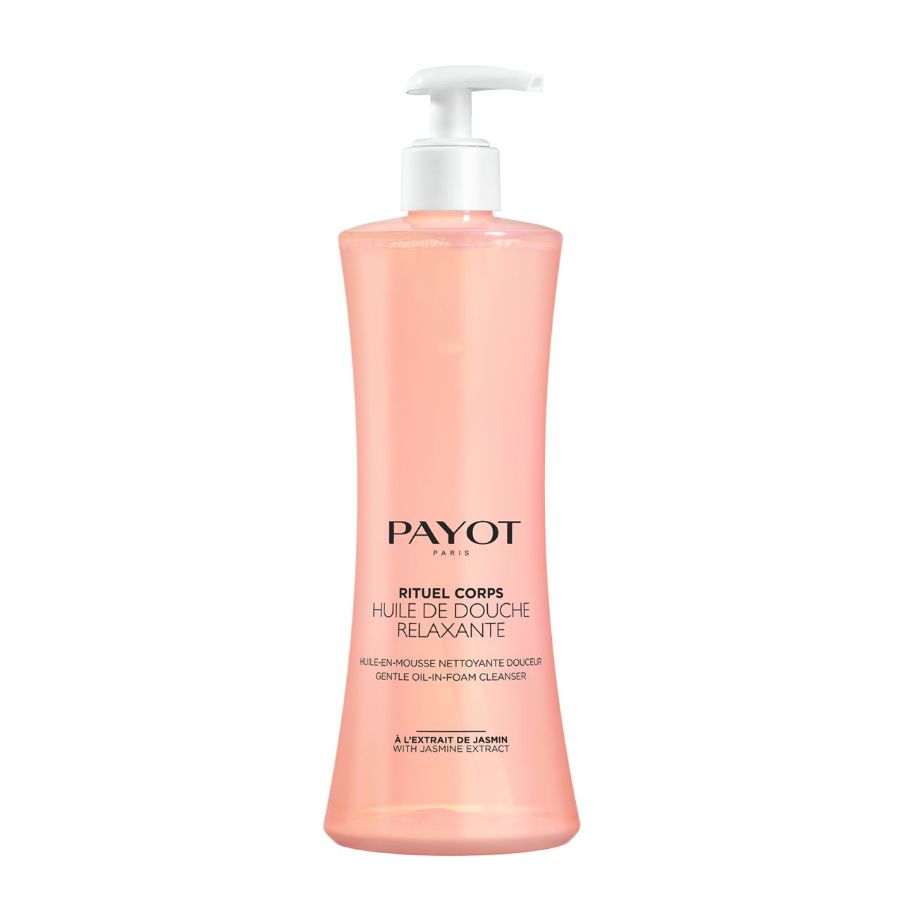 Payot Duschöl. Rosa Flasche mit weißem Pumpkopf. Produktname und Text auf der Vorderseite.