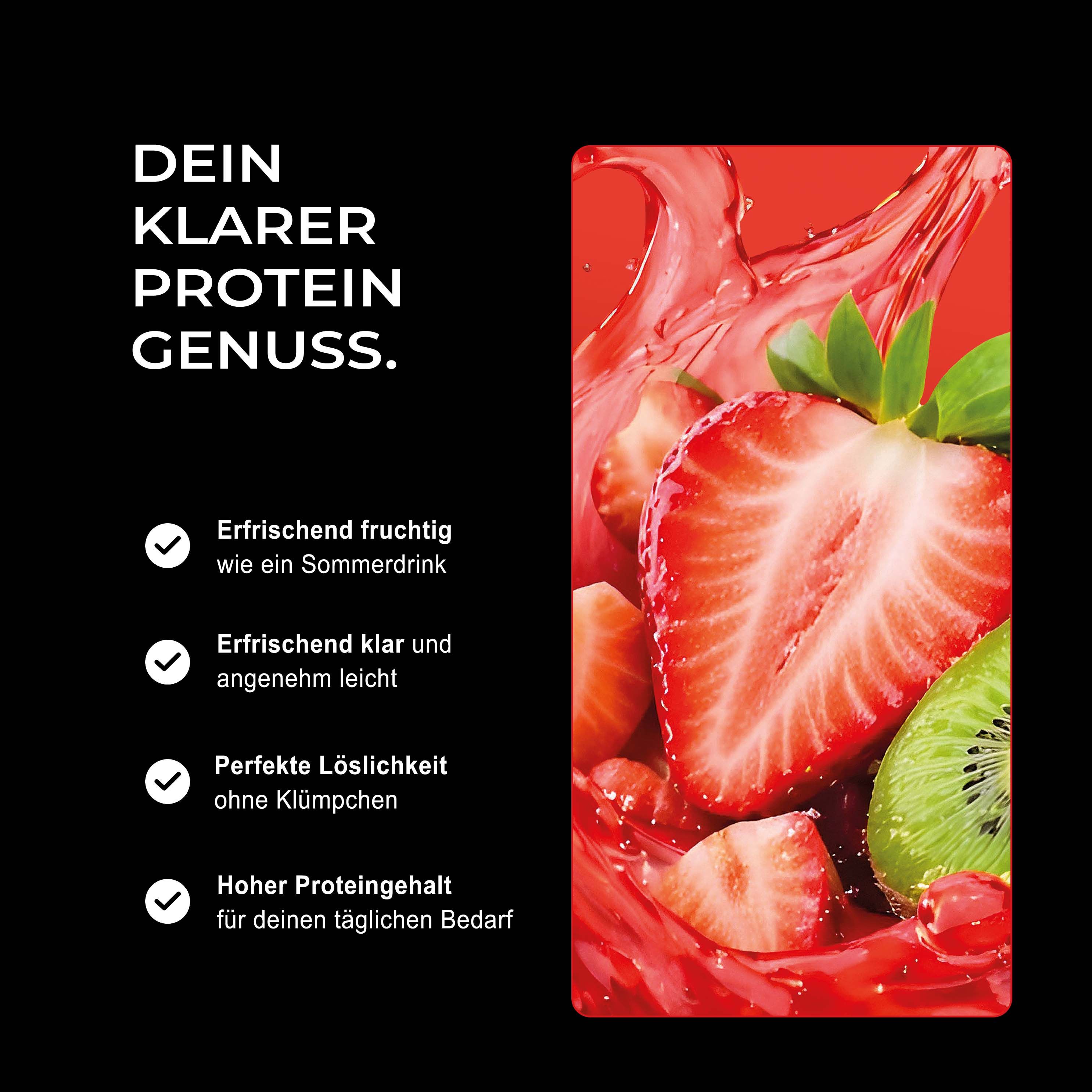 Nahaufnahme von Erdbeeren und Kiwischeiben in einem roten Spritzer, die den Erdbeer-Kiwi-Geschmack von Neosupps Clear Isolate darstellen.