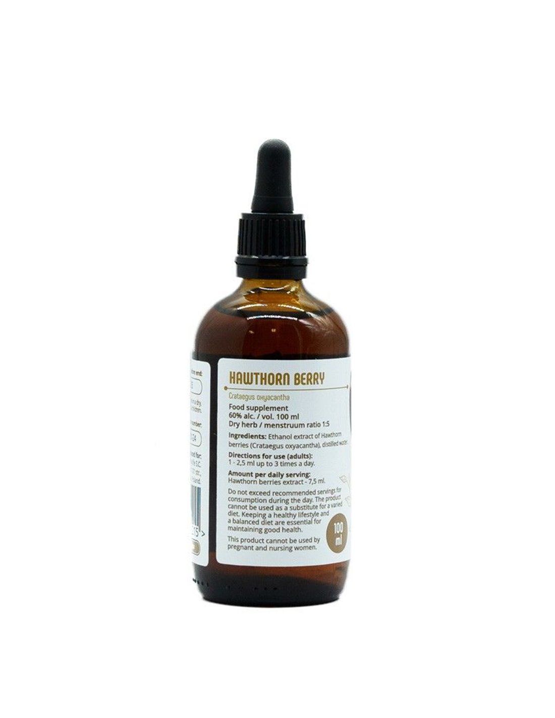 Braune Glasflasche mit schwarzem Tropfer. Rückseite mit Text: Hawthorn Berry, Inhaltsstoffe, Gebrauchsanweisung. 100 ml.