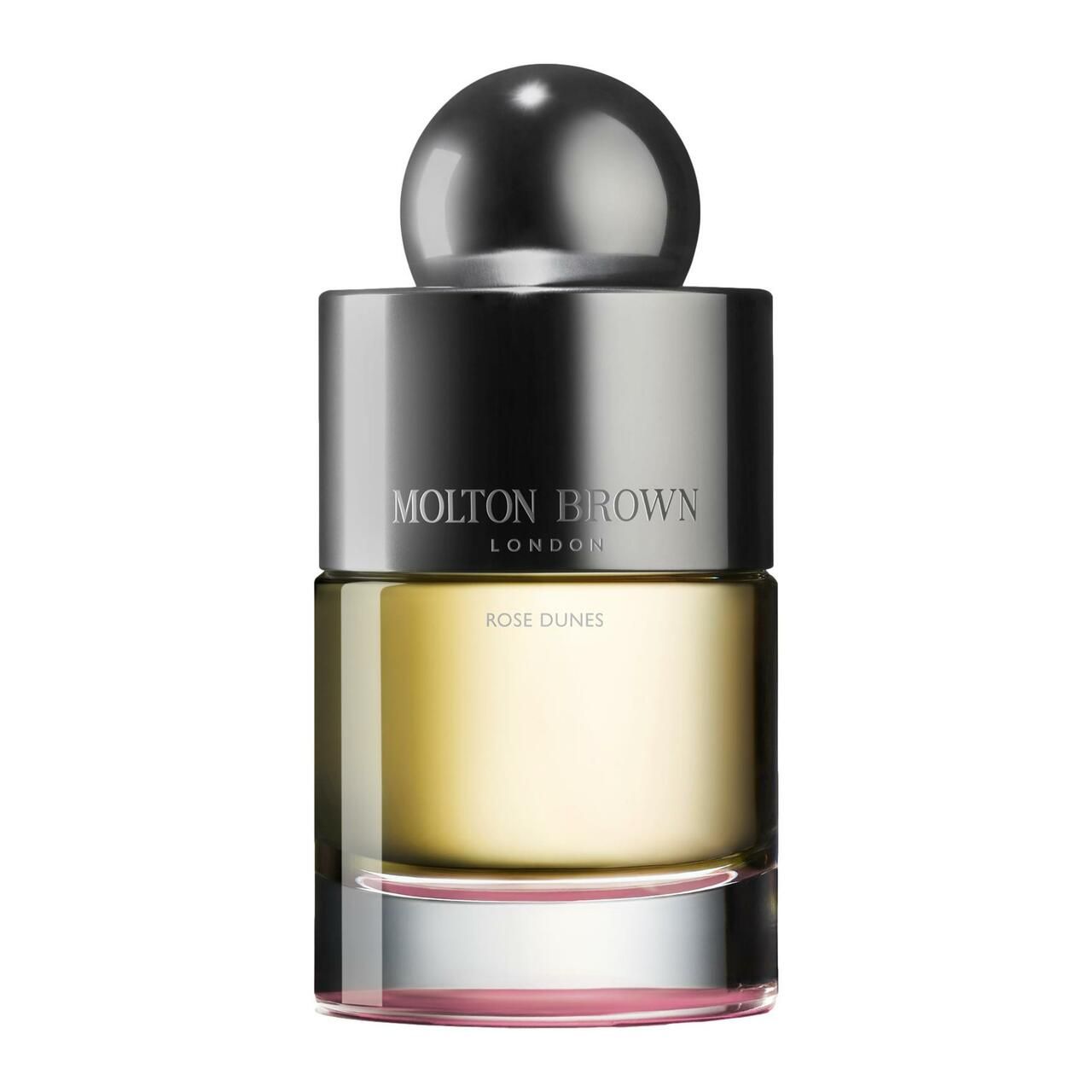 Parfümflasche mit silbernem Verschluss. Aufschrift: Molton Brown London, Rose Dunes.