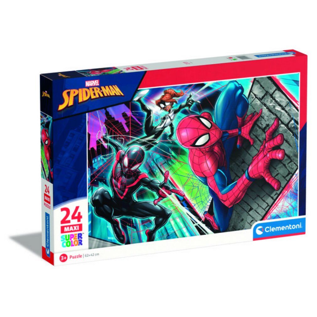 Marvel Spiderman Maxi-Puzzle 24 Teile. Verpackung mit Spiderman-Illustrationen. Clementoni-Logo.