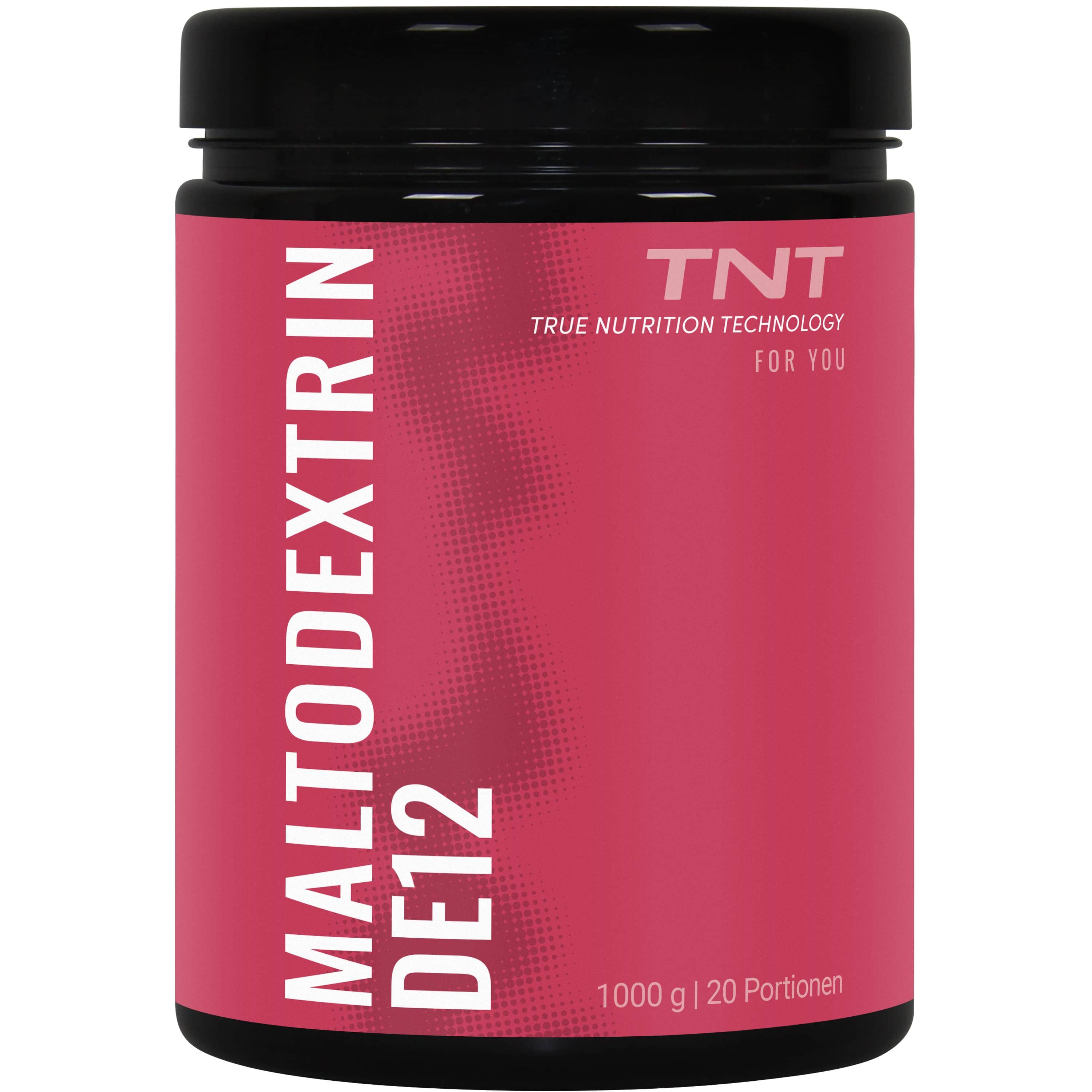 Schwarzer Behälter mit pinkfarbenem Etikett. Aufschrift: MALTO DEXTRIN DE12, TNT Logo. 1000g | 20 Portionen.