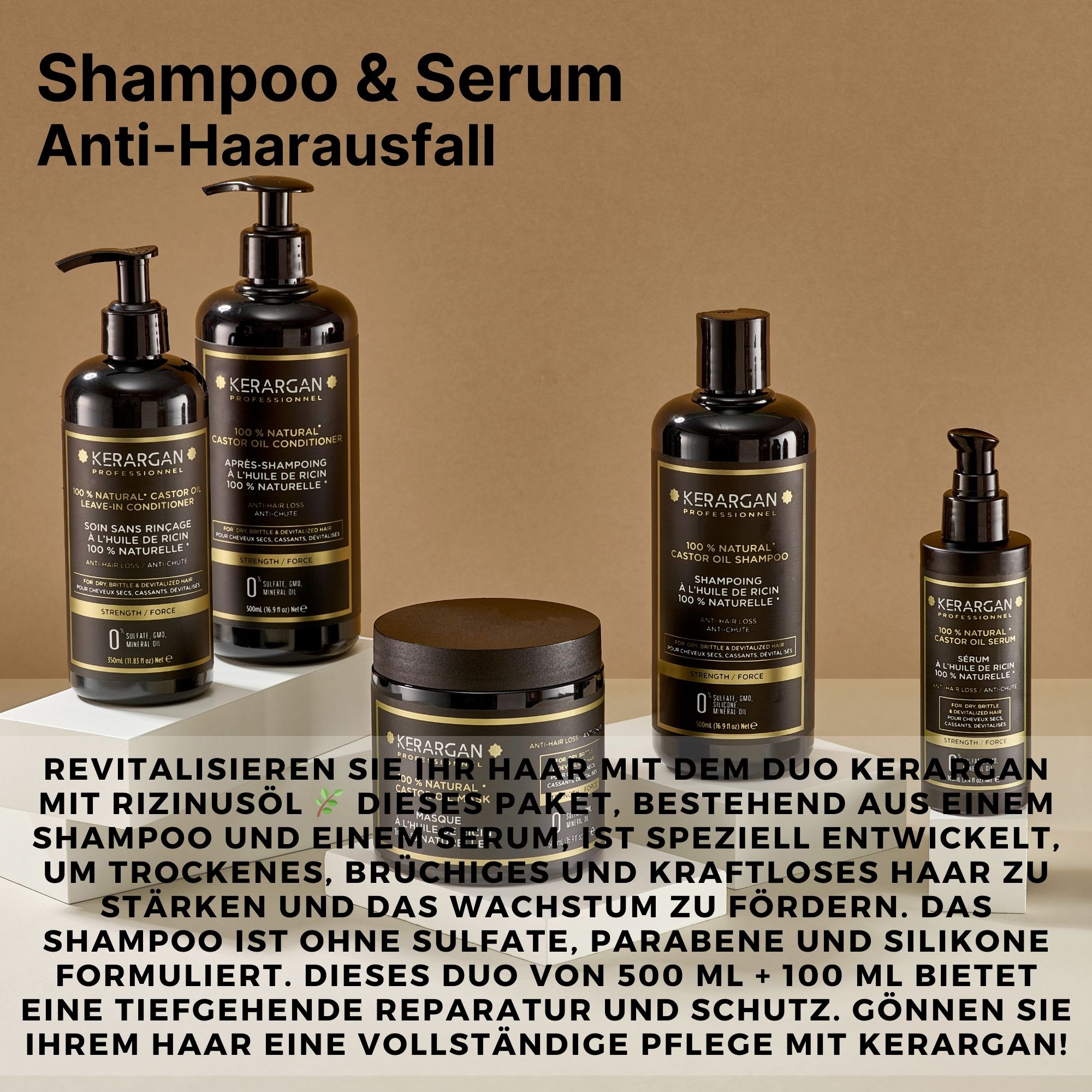 Mehrere Kerargan-Produkte. Schwarze Flaschen und ein Tiegel. Text: Kerargan, Anti-Haarausfall. Duo-Pack.