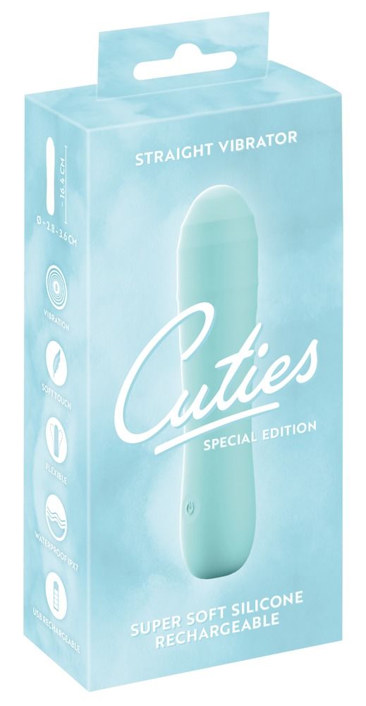 Türkisfarbene Produktverpackung mit Vibrator-Abbildung. Text: Straight Vibrator, Cuties, Super Soft Silicone.
