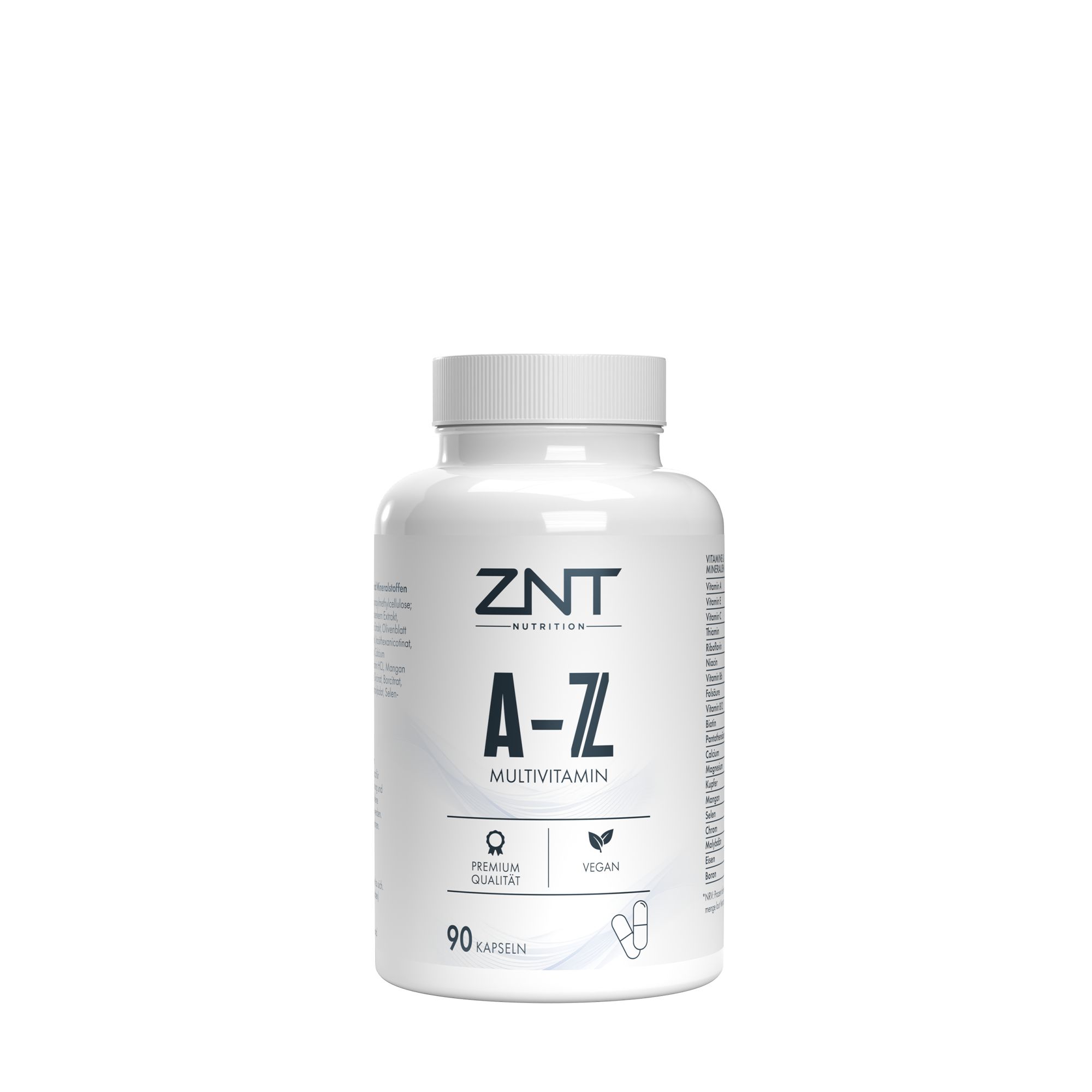 Weiße Flasche ZNT Nutrition A-Z Multivitamin Kapseln, 90 Stück.
