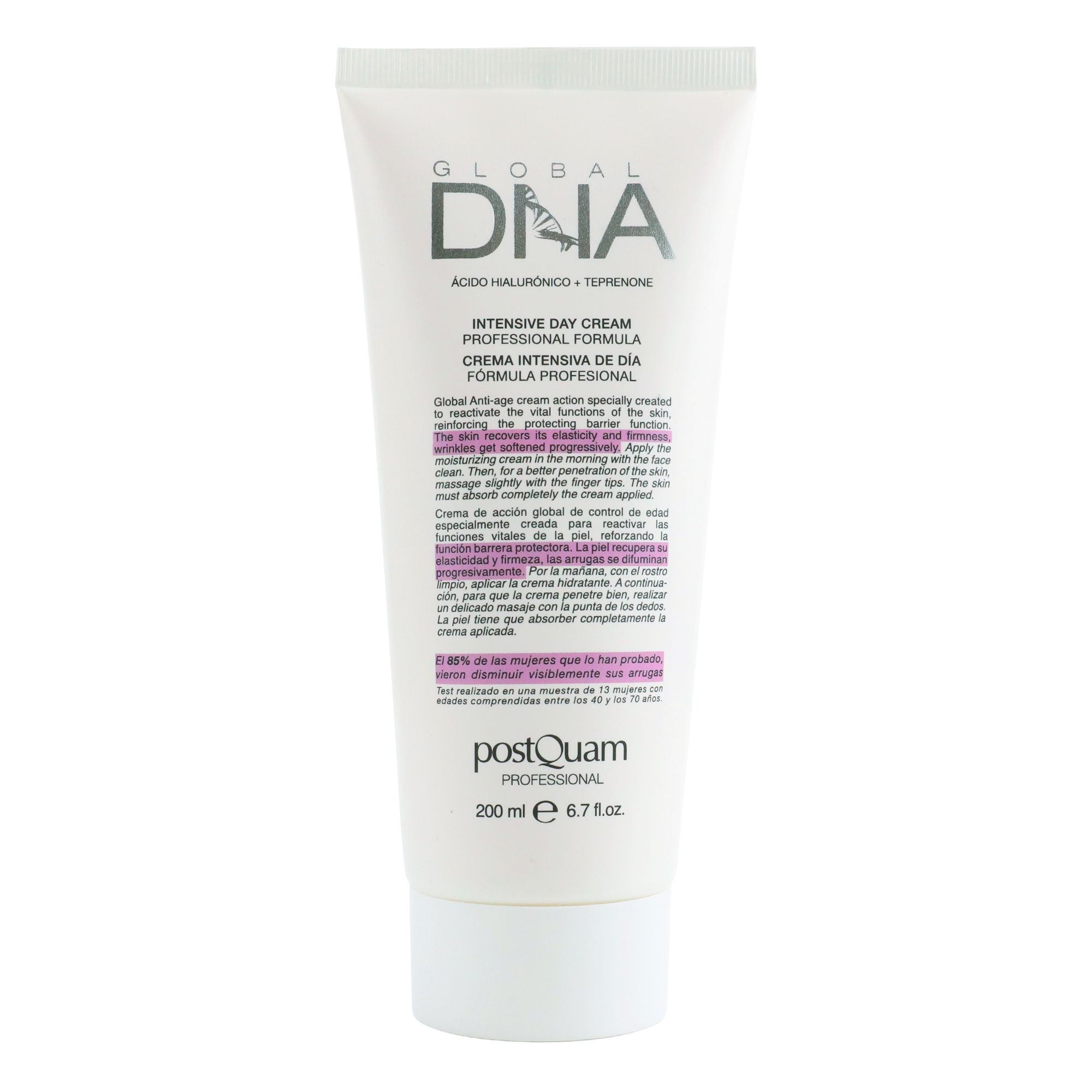 Weiße Tube mit Produkttext. Aufschrift: Global DNA, Intensive Day Cream. Marke: Postquam. Volumen: 200 ml.