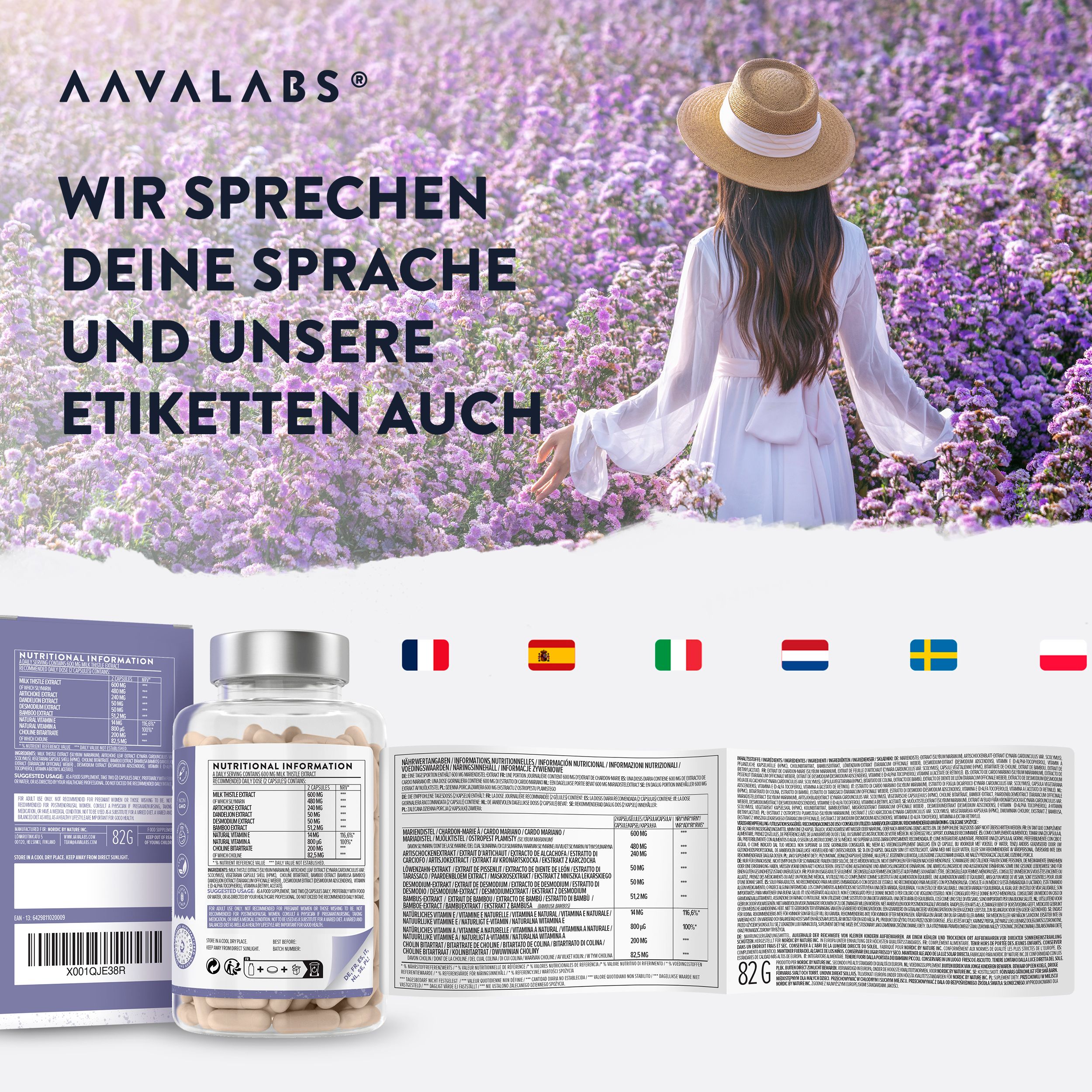 Kapsel-Glasflasche und Informationen. Flaggen: UK, FR, ES, IT, DE, SE. AAVALABS Logo.
