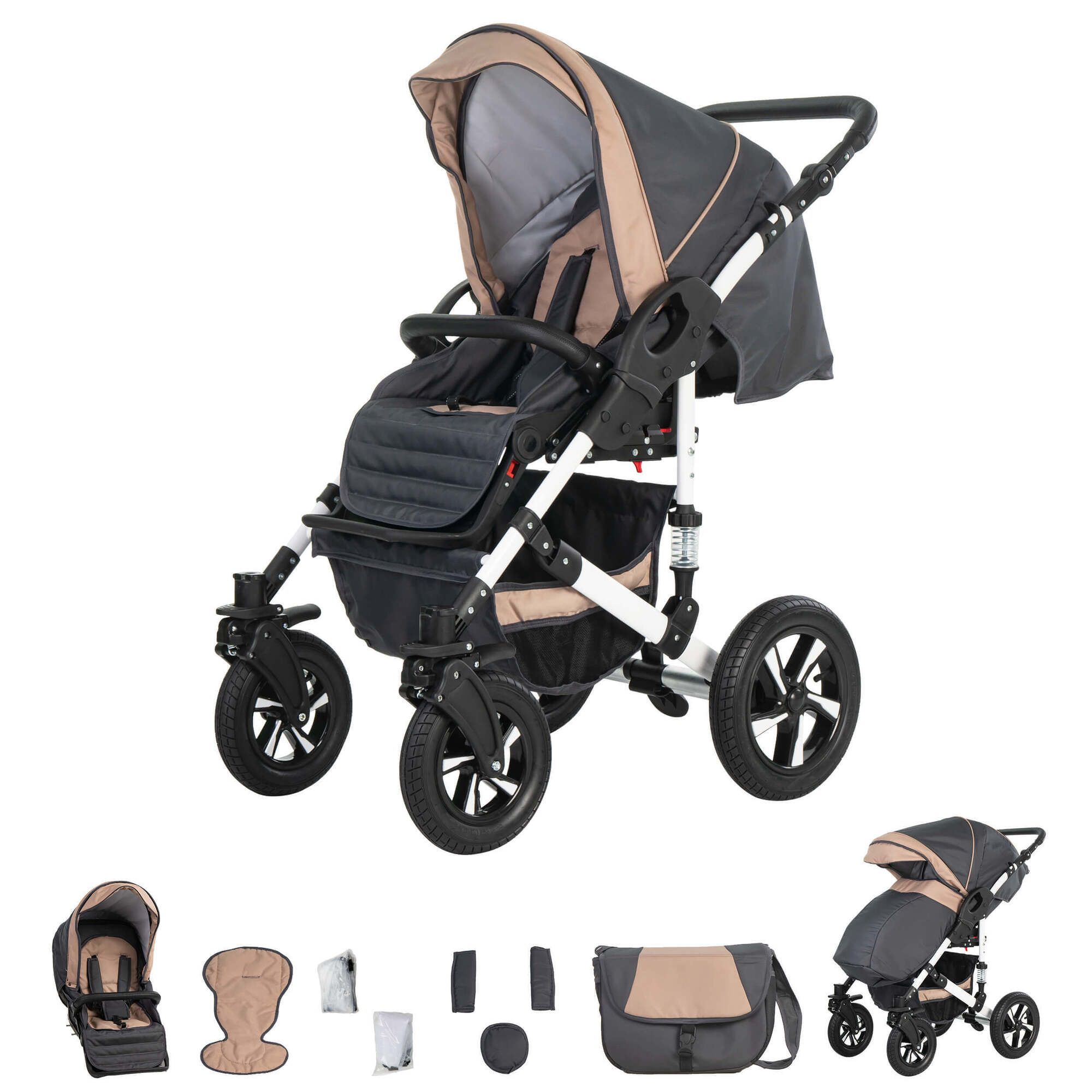 Friedrich Hugo Hamburg 4 in 1 Kinderwagen Komplettset ISOFIX Basis Luftreifen, Grey & Beige