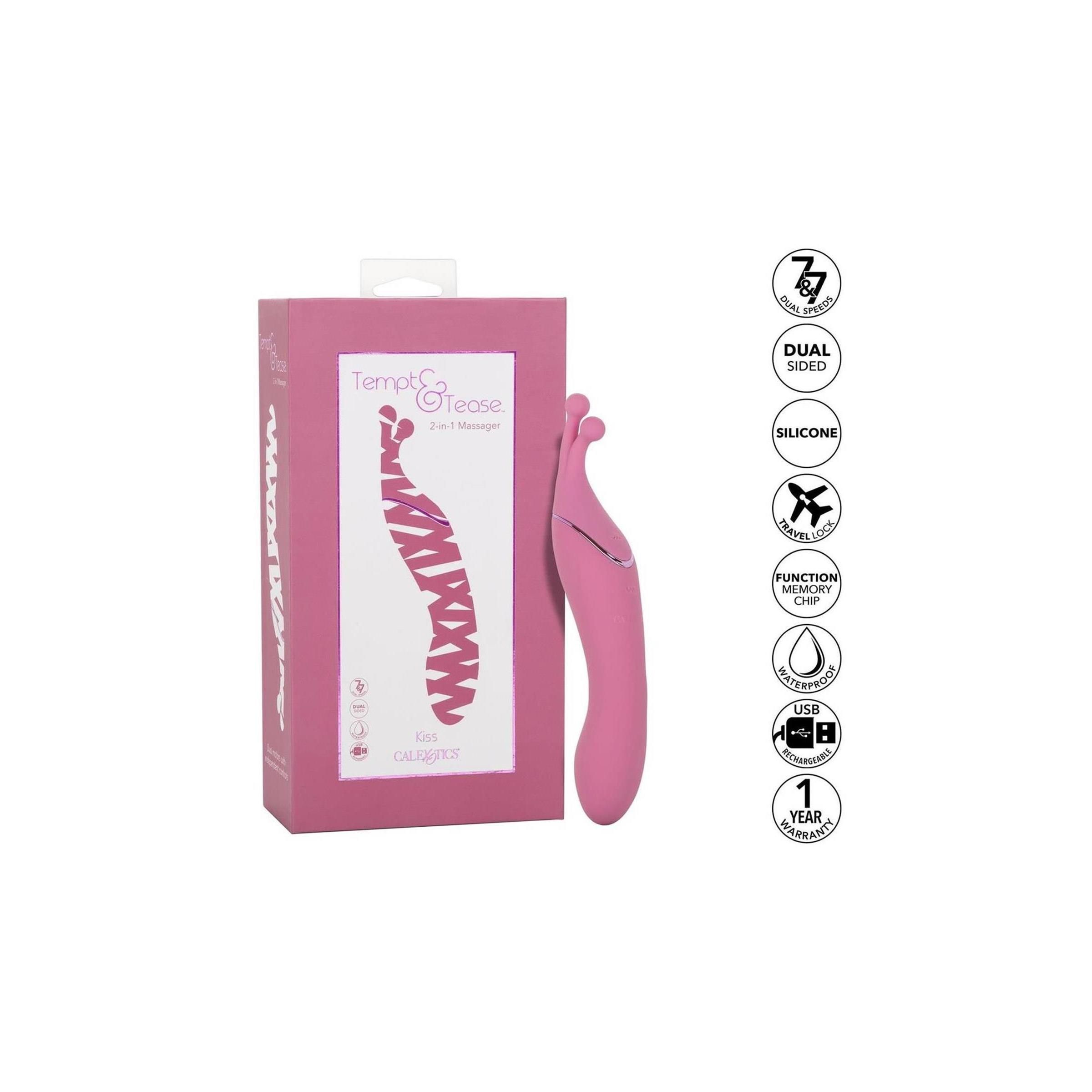 Rosa Massagegerät und Verpackung. Text: Tempt & Tease, 2-in-1 Massager. Auf der Verpackung: CalExotics. Symbole: wasserdicht, USB.
