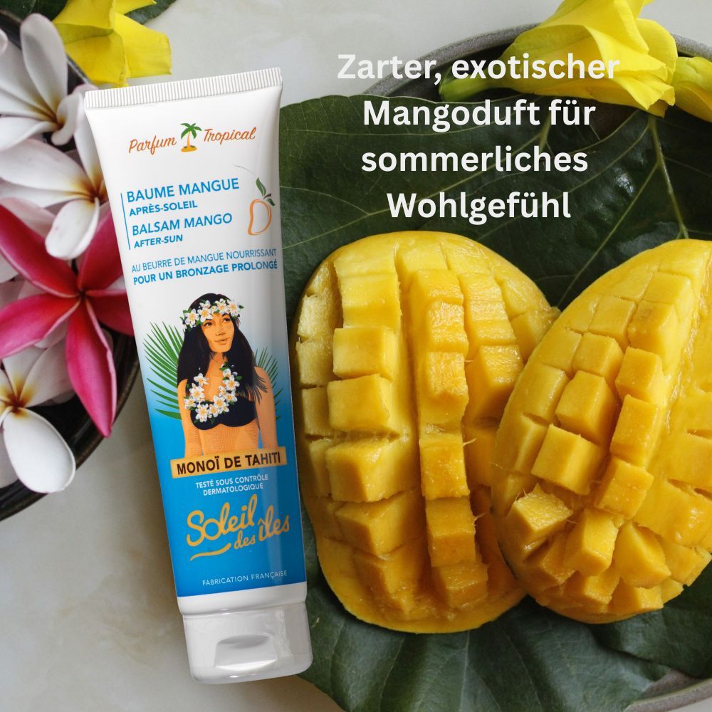 Producttube naast mangohelften. Tekst: Après-Soleil Balsam Mango, Soleil des îles. Opschrift: Parfum Tropical.