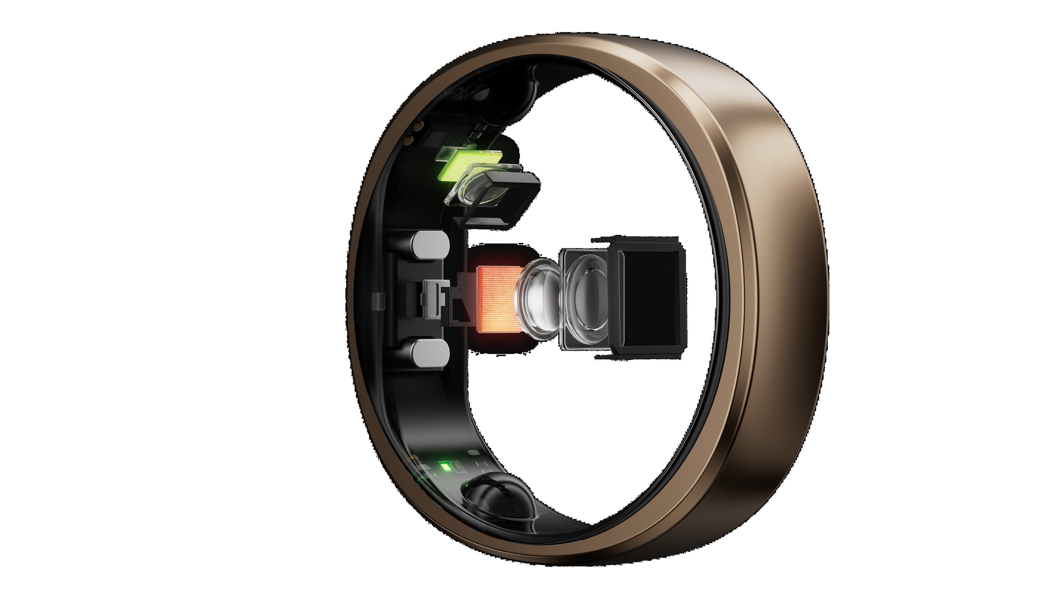 Ring mit freiliegenden Sensoren und Linsen. Goldfarbenes Metall. Innenliegende Komponenten sichtbar.