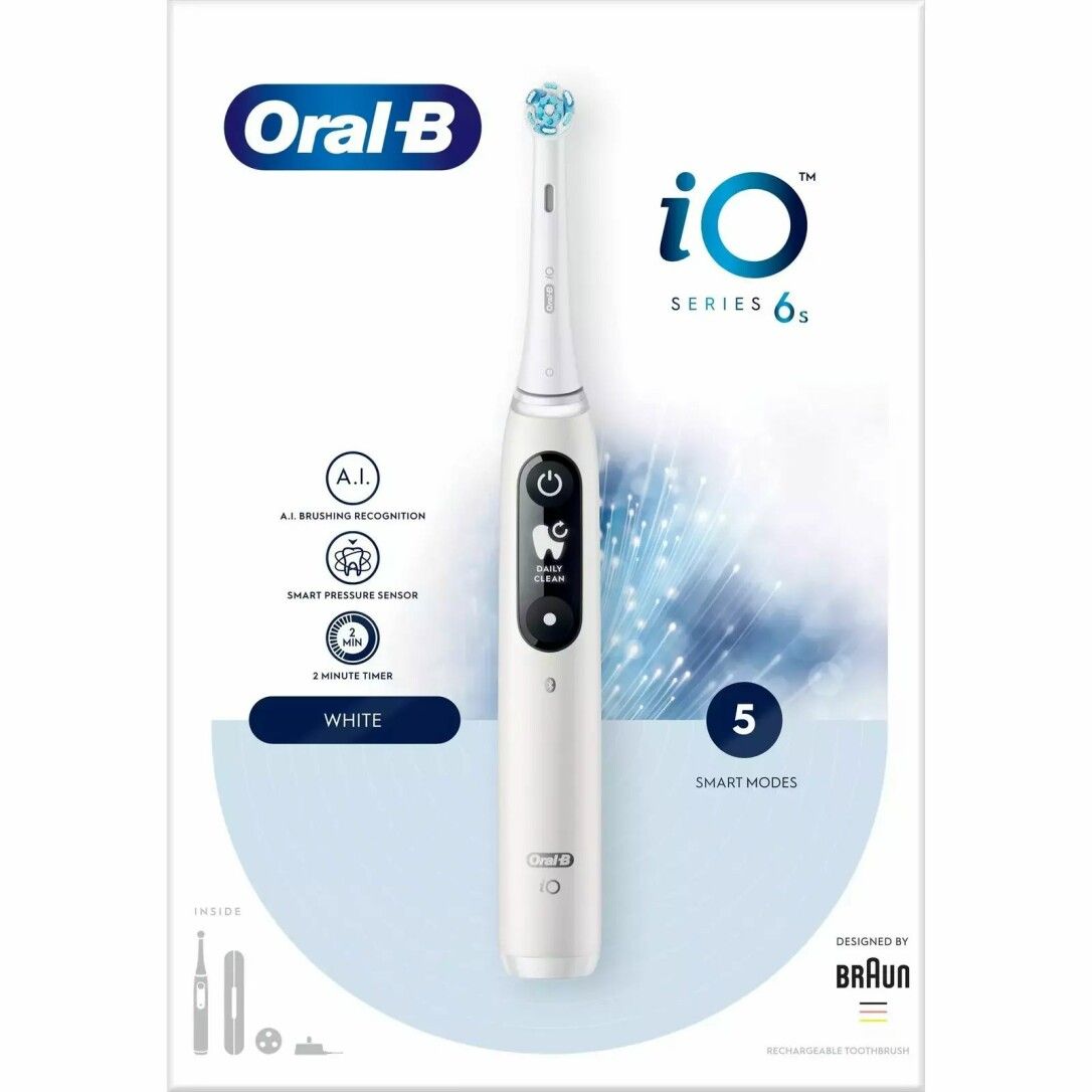 Elektrische Zahnbürste Oral-B iO Series 6s, weiß. Mit Smart Pressure Sensor, 5 Modi. Verpackung mit Produktabbildung und Logos.