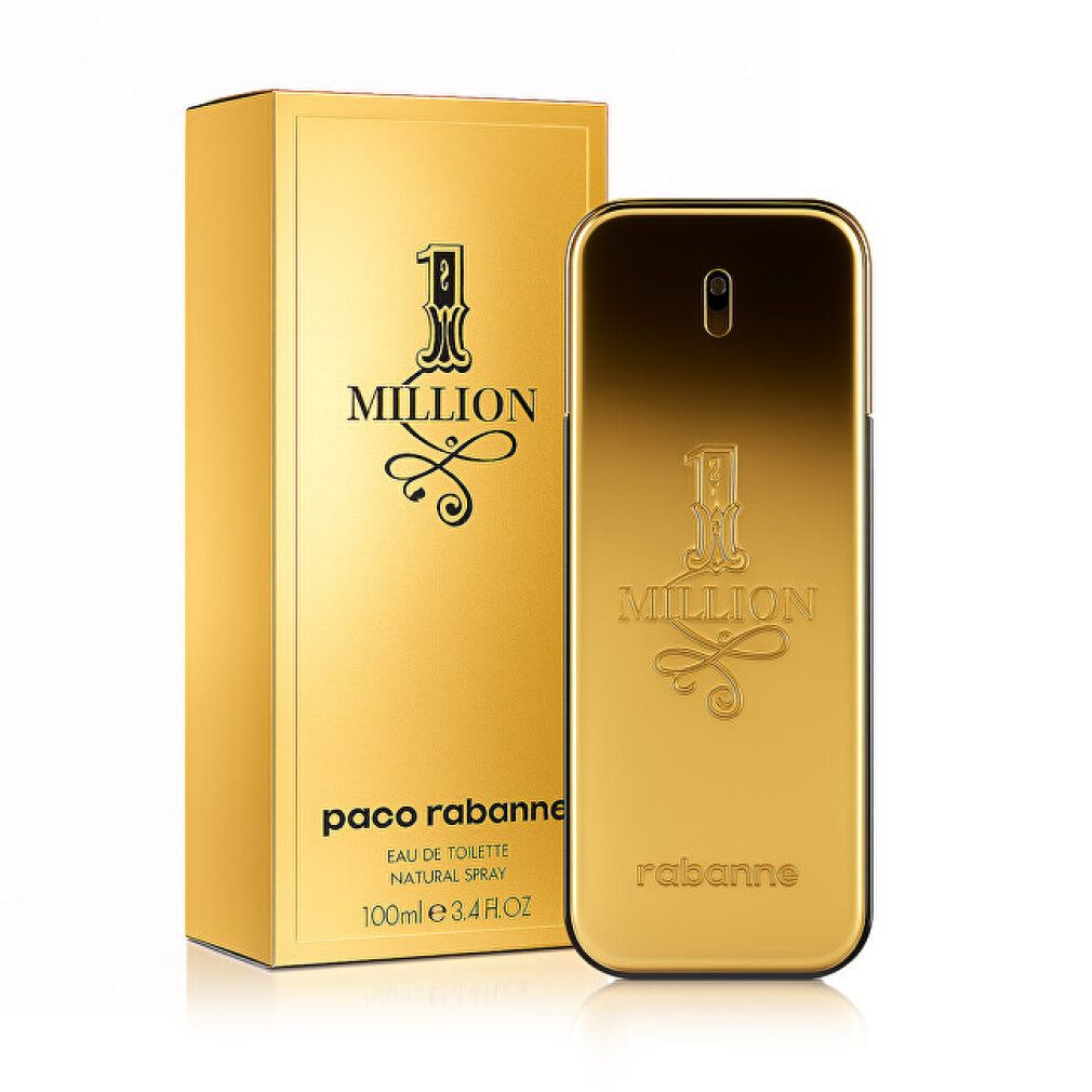 Goldfarbener Flakon und Verpackung. Aufschrift "1 MILLION" und "paco rabanne". Flakon mit Sprühkopf. 100ml.