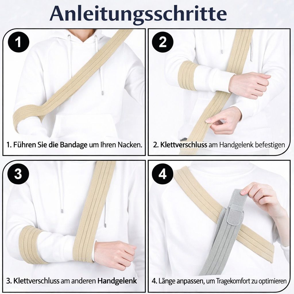 Anleitungsschritte zur Anwendung der Armschlinge. 4 Bilder zeigen die Anwendung: Um den Hals, am Handgelenk befestigen, anpassen.