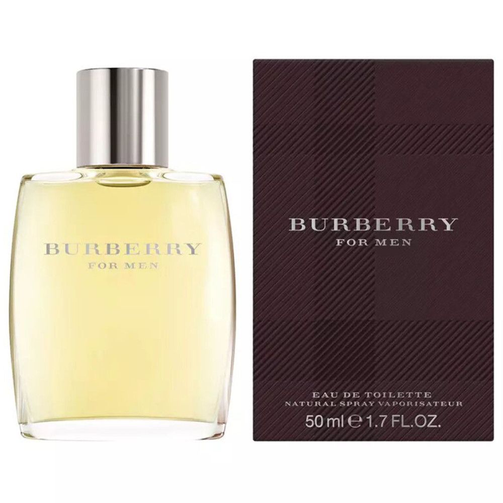 Burberry for Men Eau de Toilette Flakon und Verpackung. Flakon mit silbernem Deckel, rechteckig. Verpackung in Braun mit Karomuster.