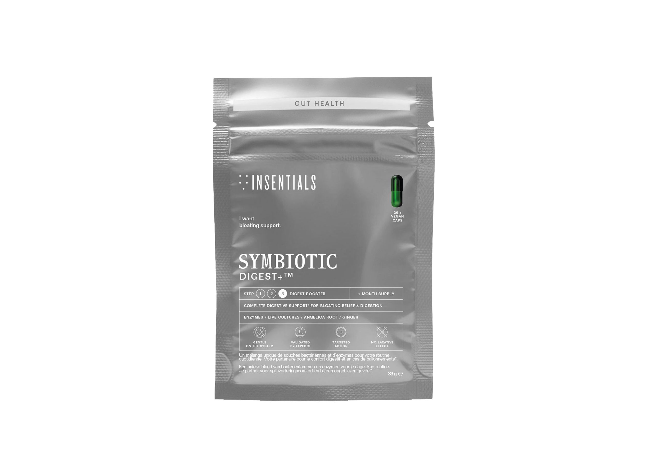 Grauer Beutel mit Produktnamen 'Insentials' und 'Symbiotic Digest'. Kapsel-Abbildung. Textfelder mit Produktinformationen.