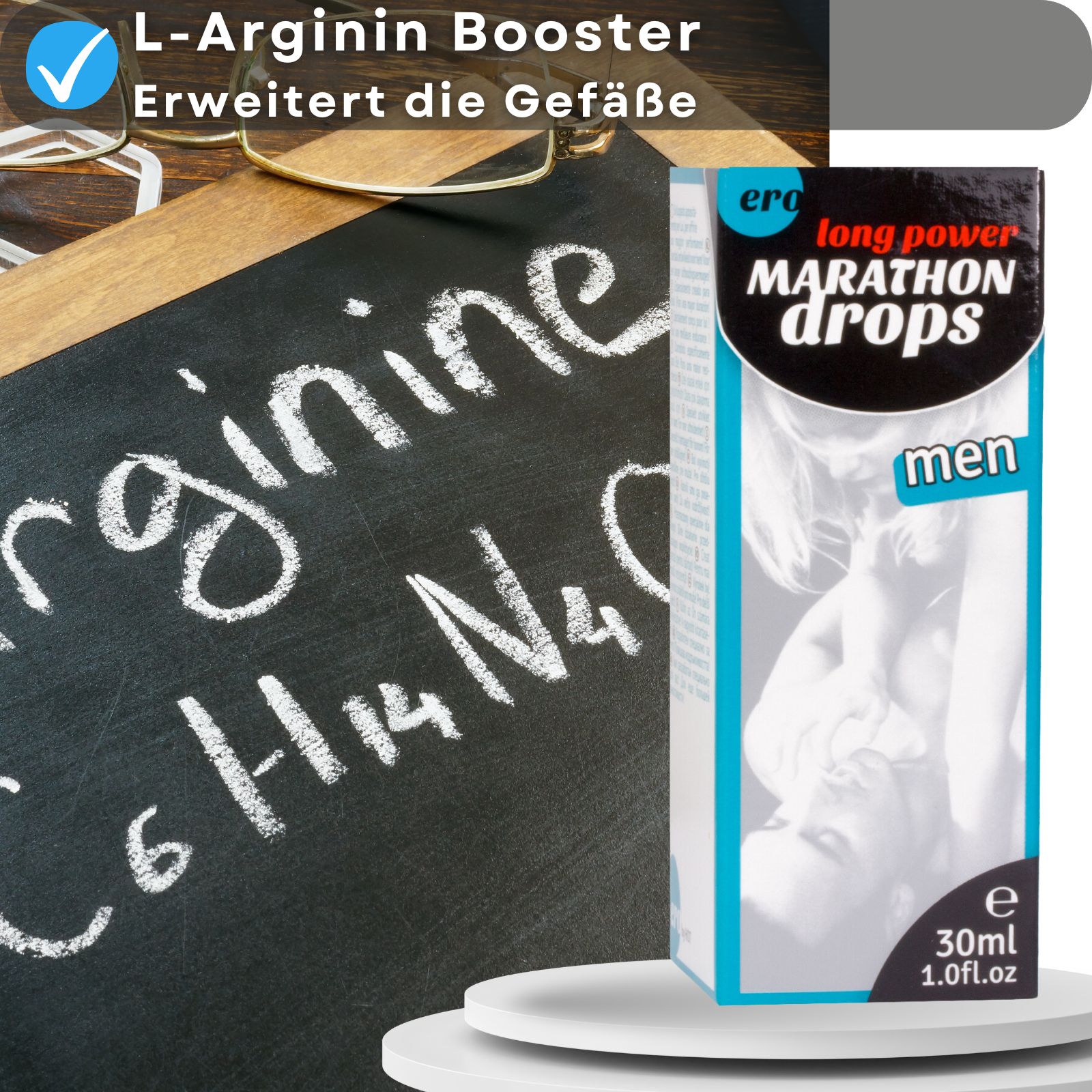 Produkt und Tafel. Text: "L-Arginin Booster Erweitert die Gefäße". Flasche und Box.