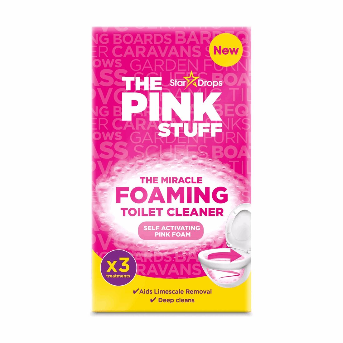 Verpackung mit Produktnamen und Logo. Enthält Text: THE PINK STUFF, MIRACLE FOAMING TOILET CLEANER. Mit Illustration einer Toilette.