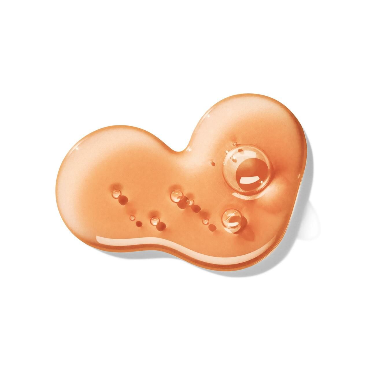 Orangenes Gel mit Blasen auf weißem Hintergrund. Geformt wie eine unregelmäßige Träne.