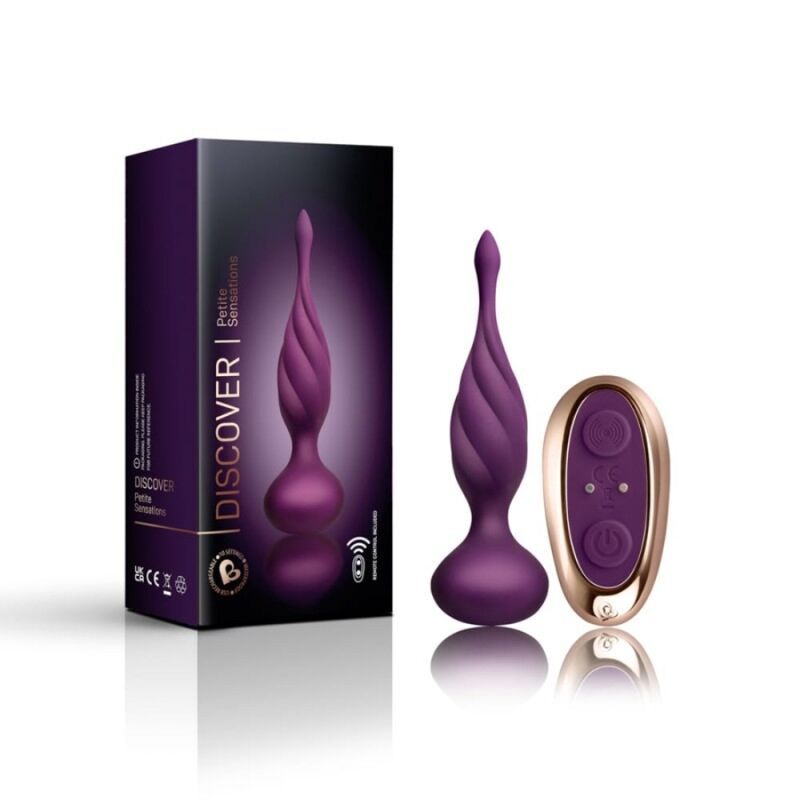 Lila Vibrator mit langem Schaft, Fernbedienung und Verpackung. Verpackung mit Produktnamen und Logo. CE-Kennzeichnung.